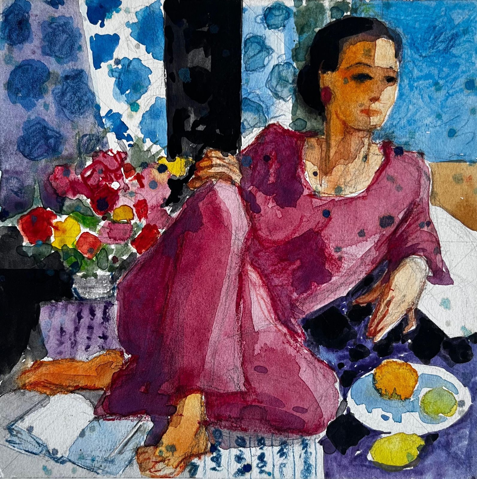 Pierre Neveuwoman In Pink Dress With Flowers And Citrus Still Life French Watercolor