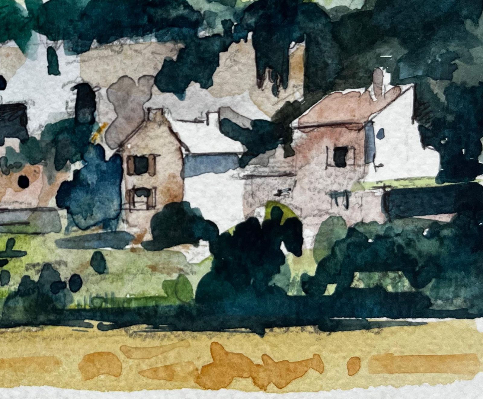Pierre Neveufrench Hillside Village With Trees And Church Tower Modernist Watercolor photo 387.0