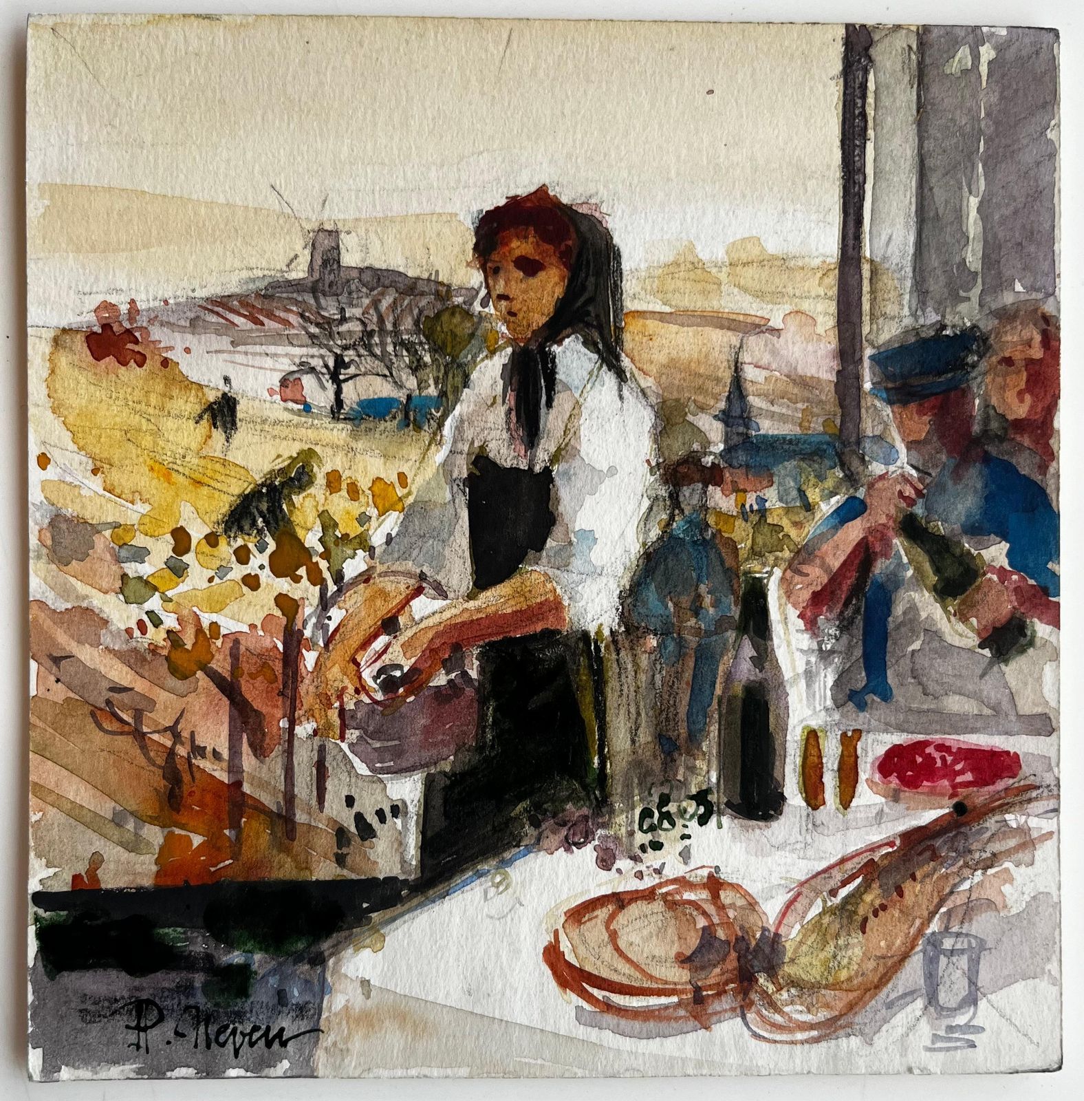 Pierre Neveuvillage Market Woman Preparing Produce French Rural Modernist Watercolor photo furniture