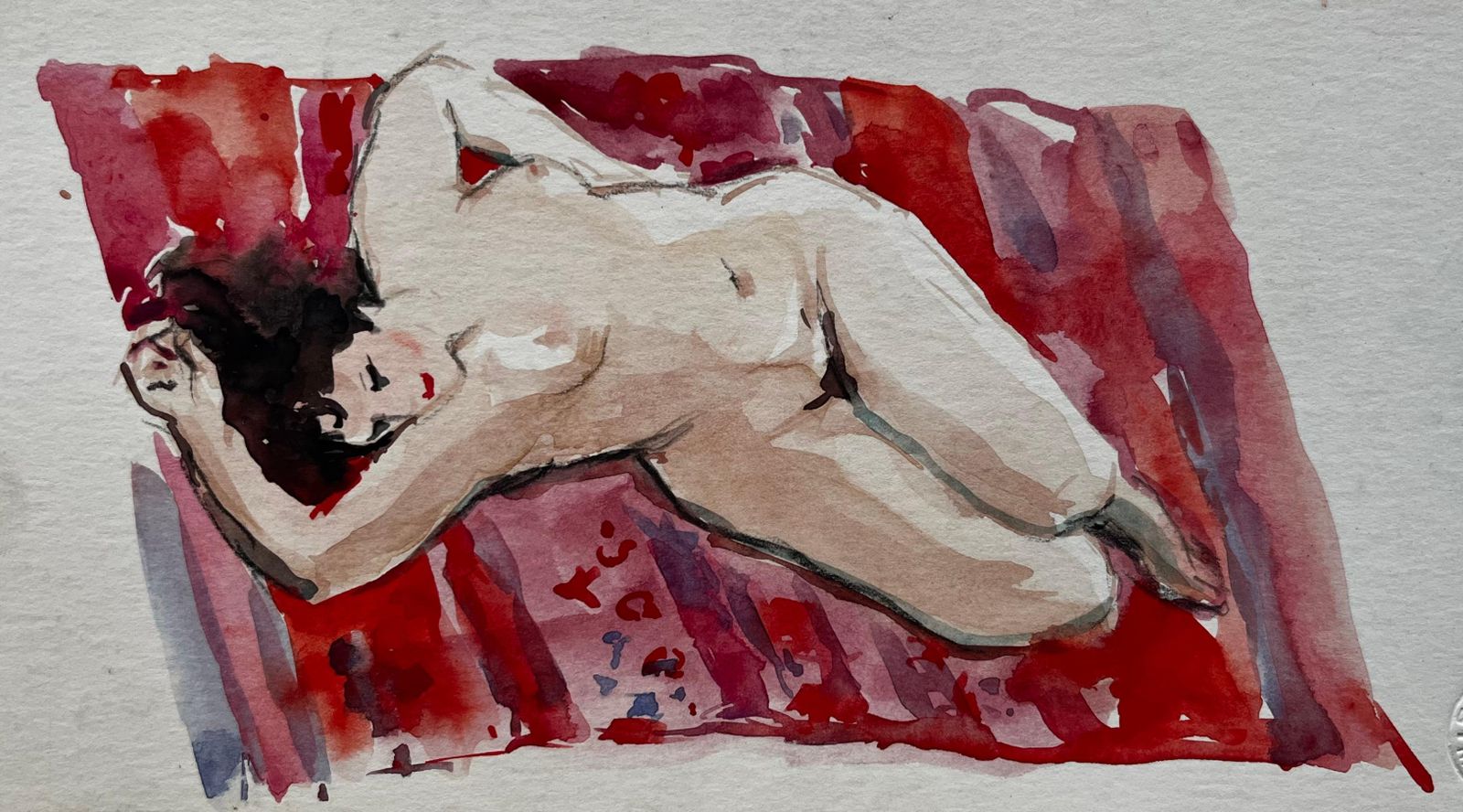 Pierre Neveureclining Female Nude On Red Drapery French Modernist Watercolor Study