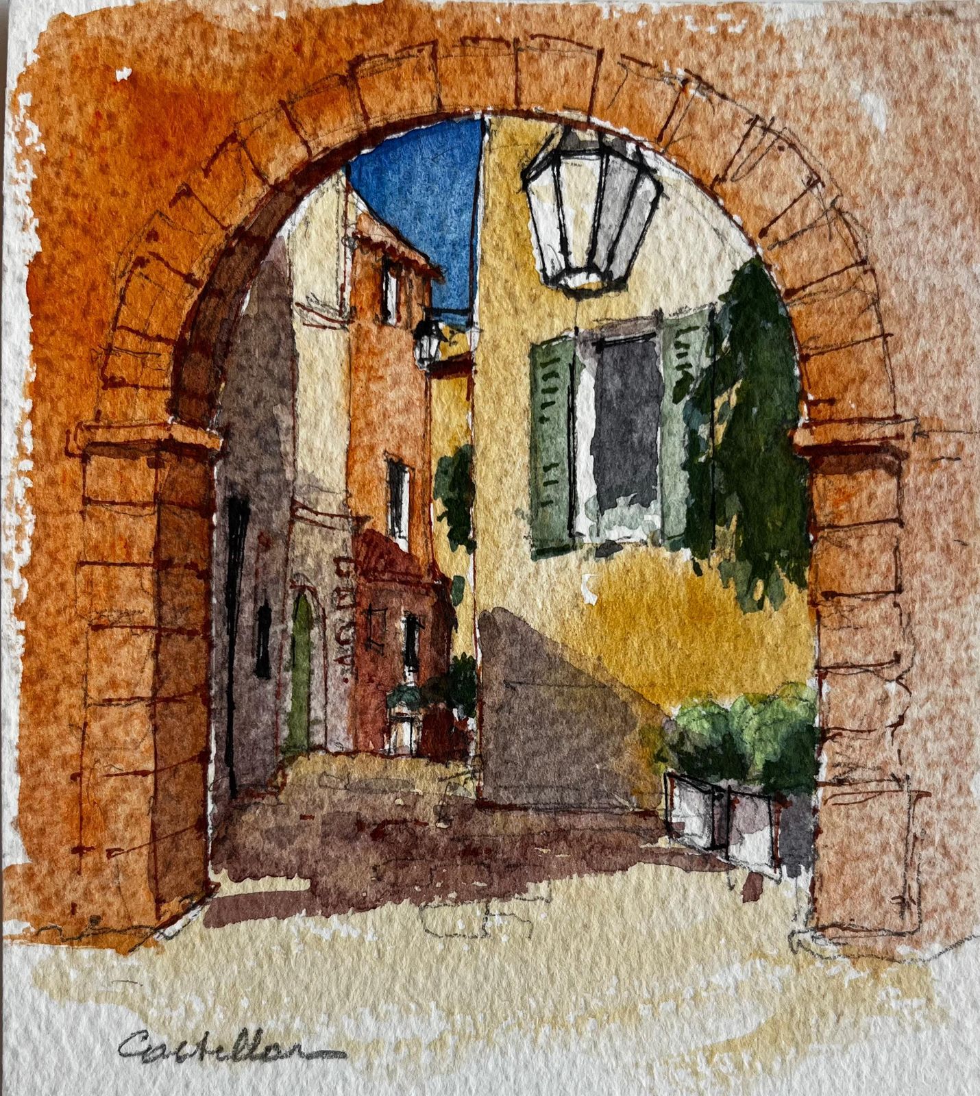Pierre Neveumediterranean Village Archway Sunlit Street Castellar Watercolor