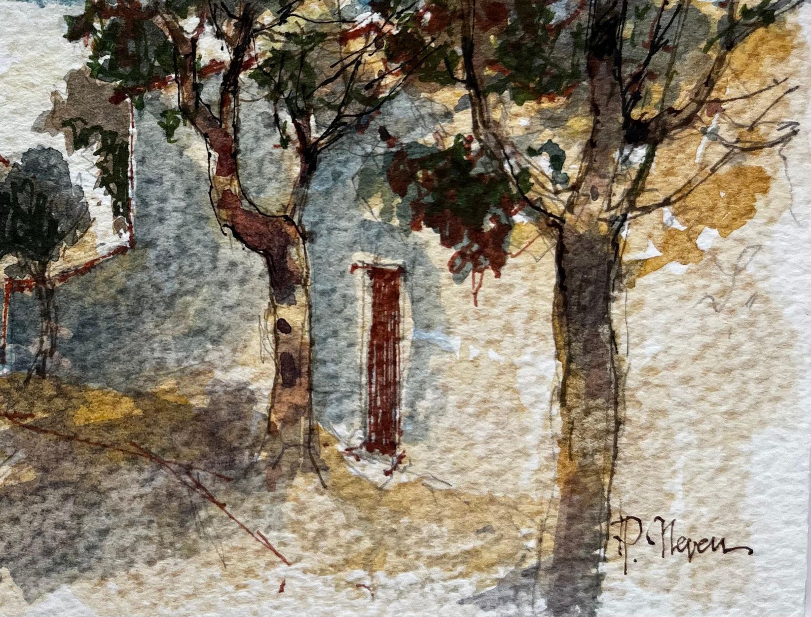 Pierre Neveumenton Sunlit Street With Trees And Distant Hills Watercolor photo vinterior