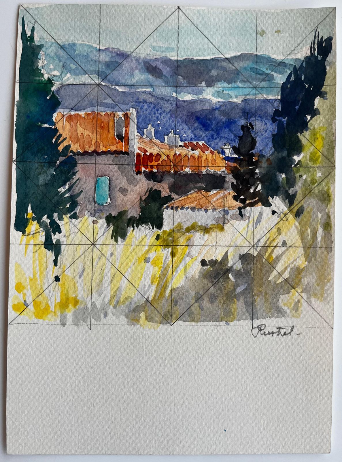 Pierre Neveurevestel Provence Rooftops With Cypress Trees And Mountain Views Watercolor photo furniture