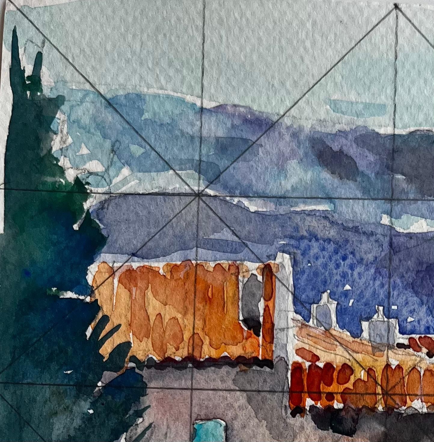 Pierre Neveurevestel Provence Rooftops With Cypress Trees And Mountain Views Watercolor photo for sale