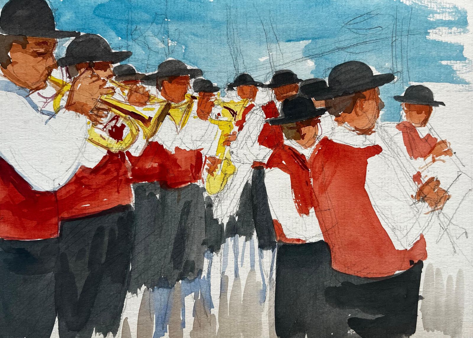 Pierre Neveufrench Village Brass Band Musicians In Red Waistcoats Outdoor Parade Watercolor