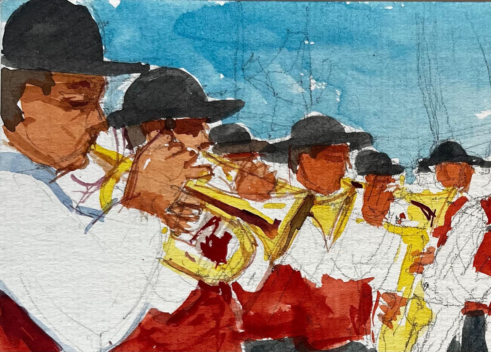 Pierre Neveufrench Village Brass Band Musicians In Red Waistcoats Outdoor Parade Watercolor photo for sale