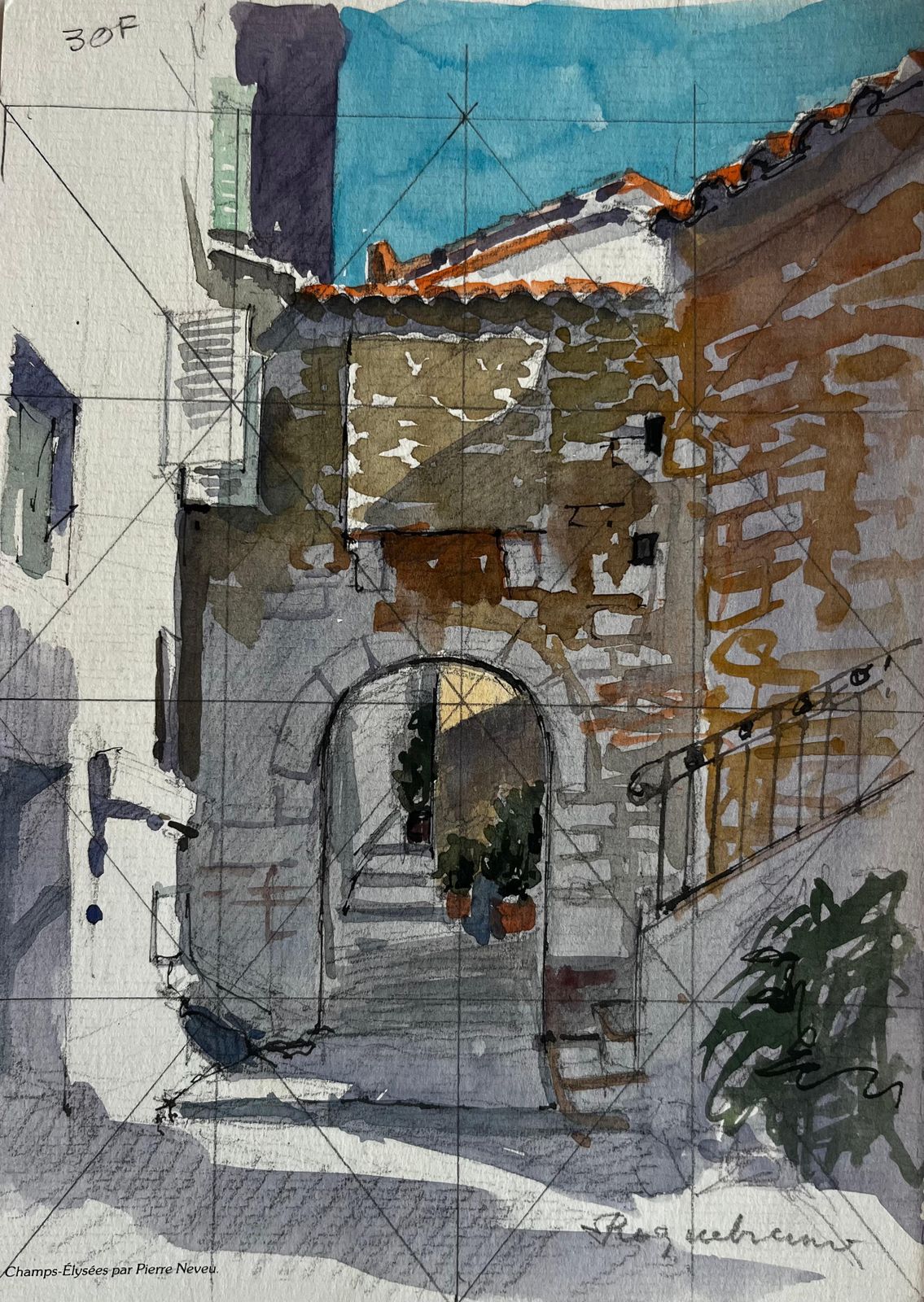 Pierre Neveubargemon Provence Stone Archway Sunlit Steps French Village Watercolor