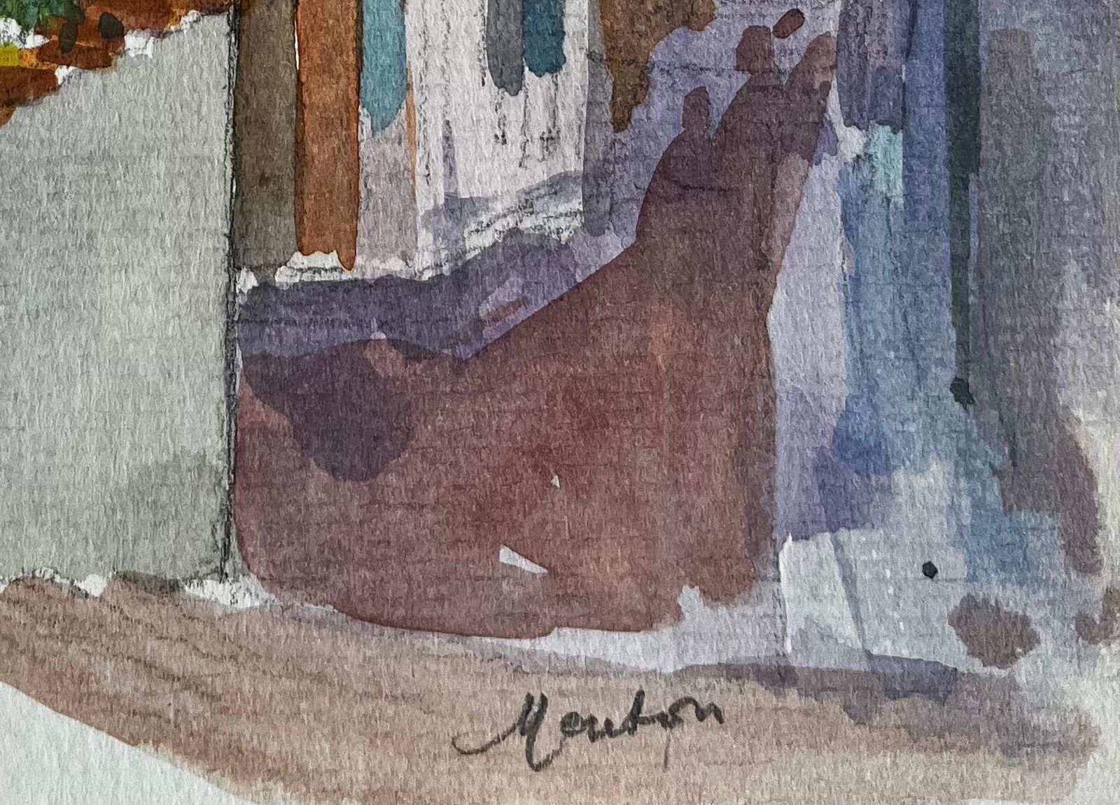 Pierre Neveusunlit Menton Mediterranean Street Colourful French Village Watercolor photo vintage