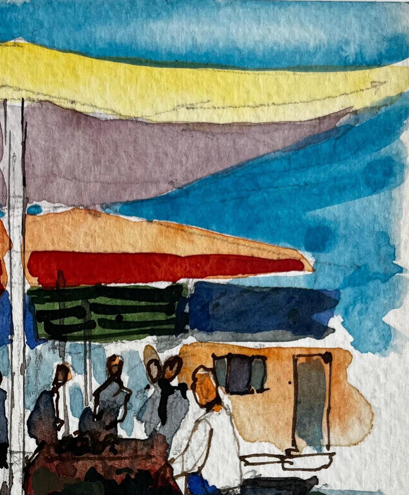 Pierre Neveuprovence Market Scene With Colourful Umbrellas And Figures French Watercolor photo Art