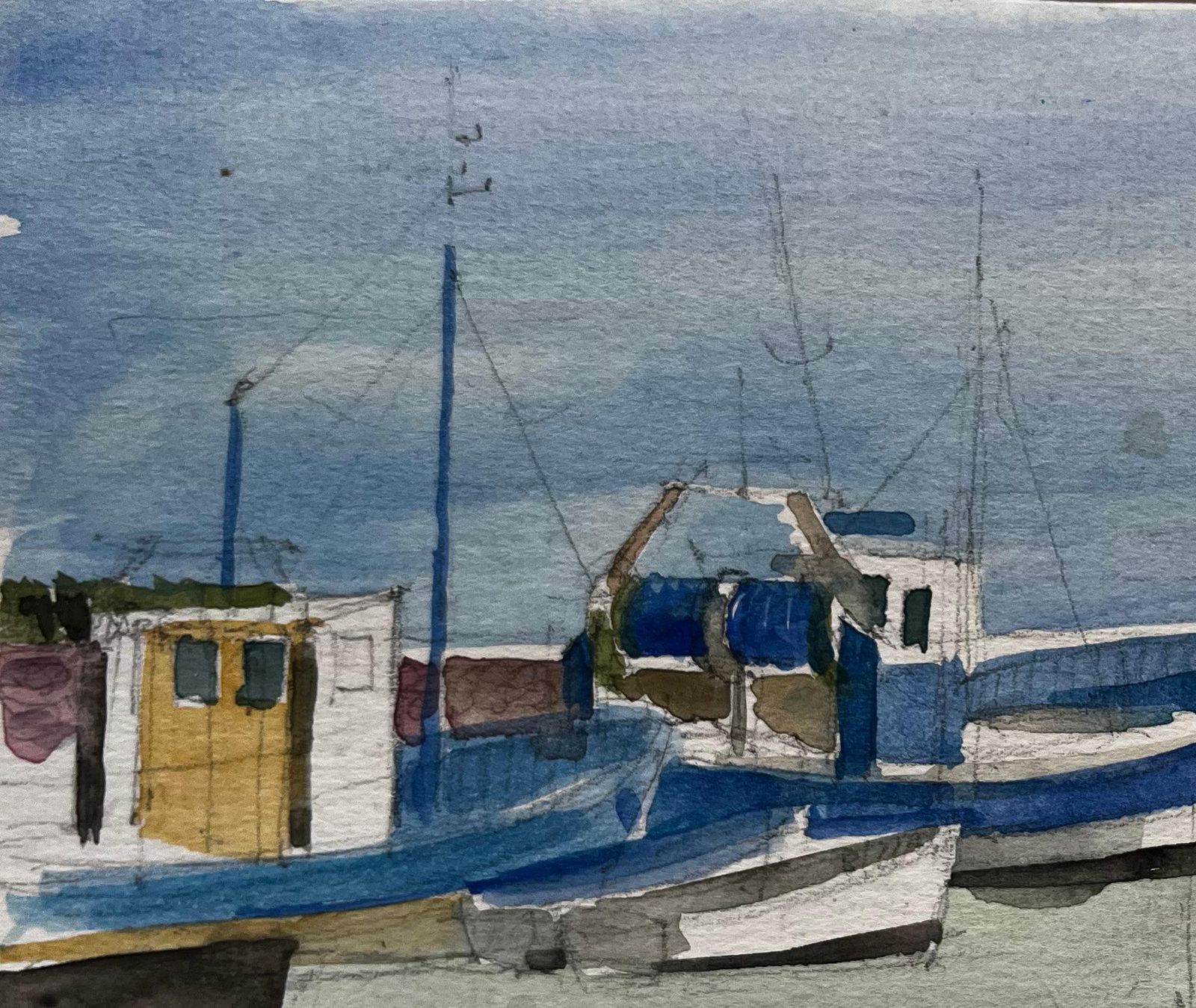 Pierre Neveufishing Boats Moored In Quiet Harbour French Coastal Watercolor photo for sale