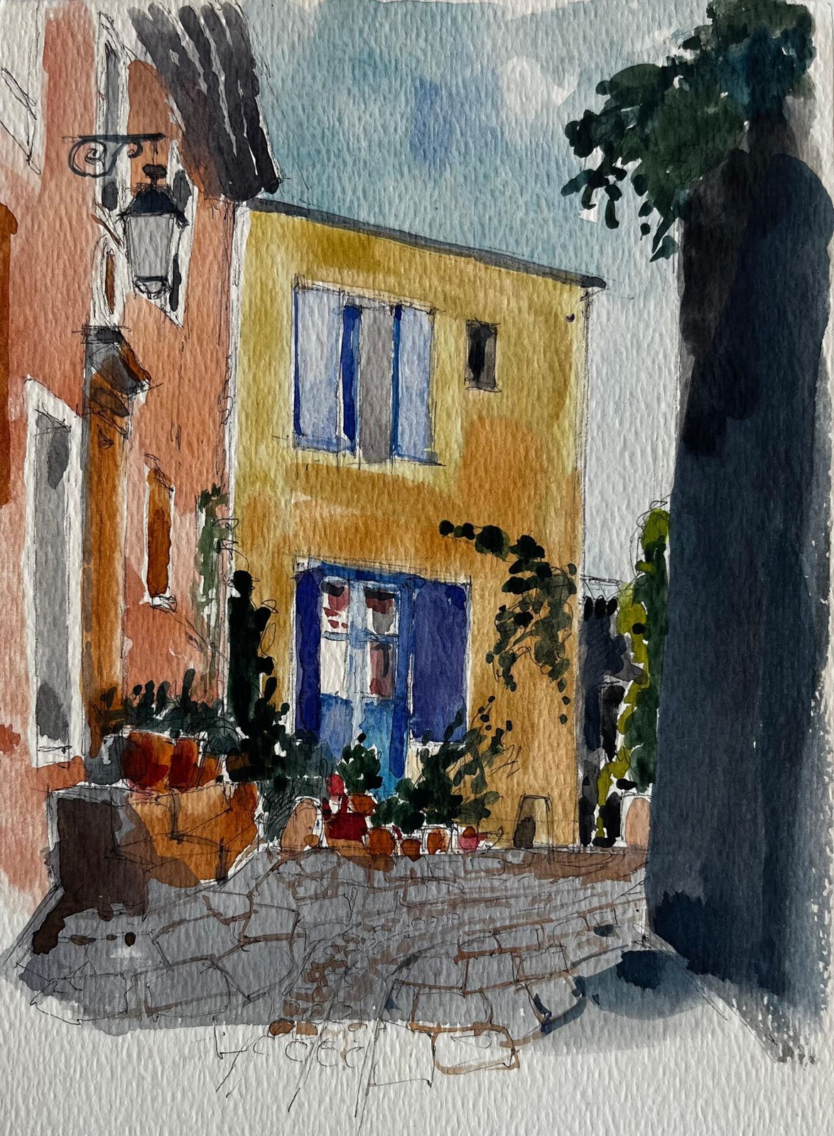 Pierre Neveufrench Village Street Colourful Houses Cobbled Path And Blue Shutters Watercolor