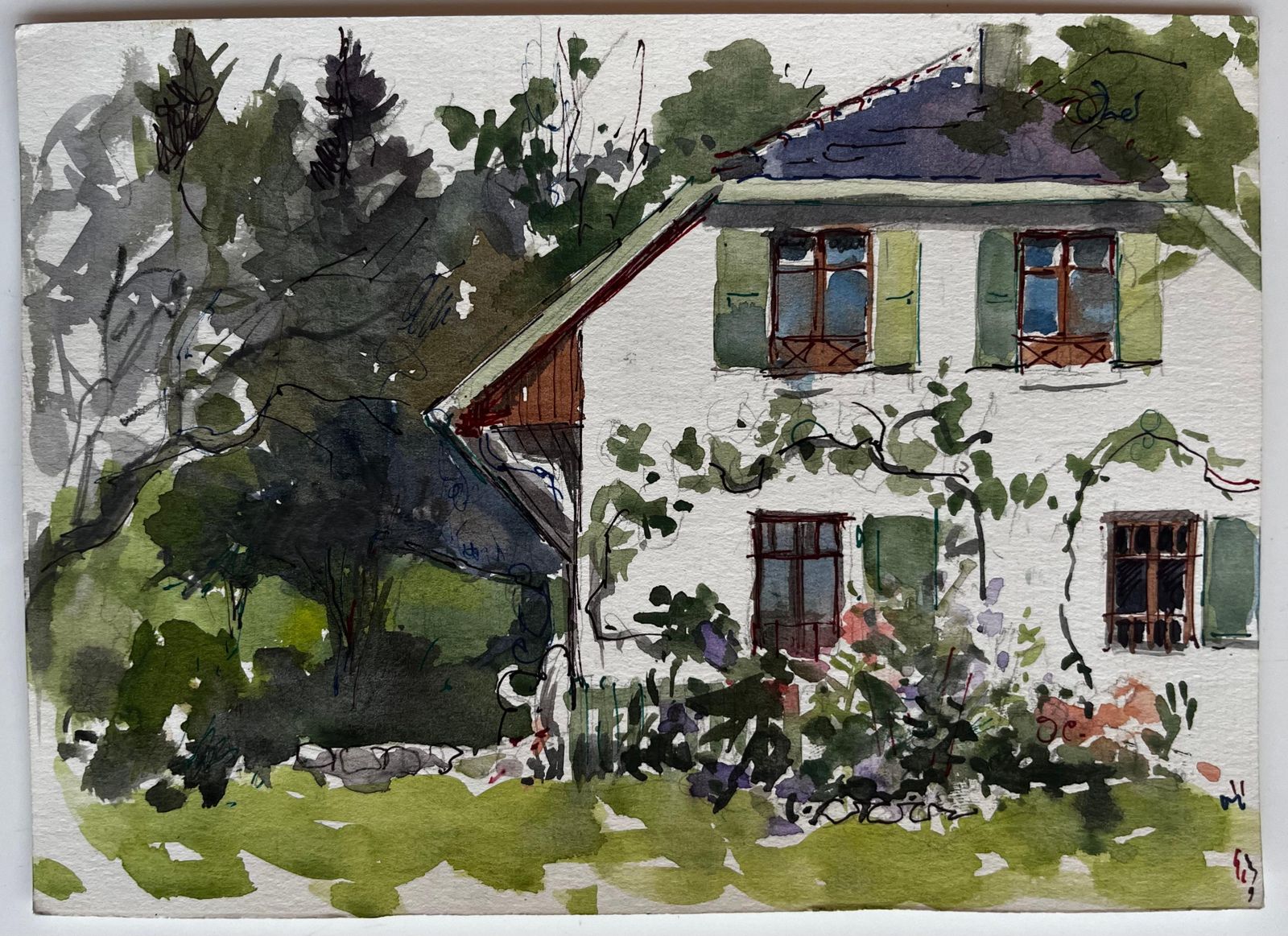 Pierre Neveucountry House Green Shutters Garden Flowers Trees And Lawn Watercolor photo furniture