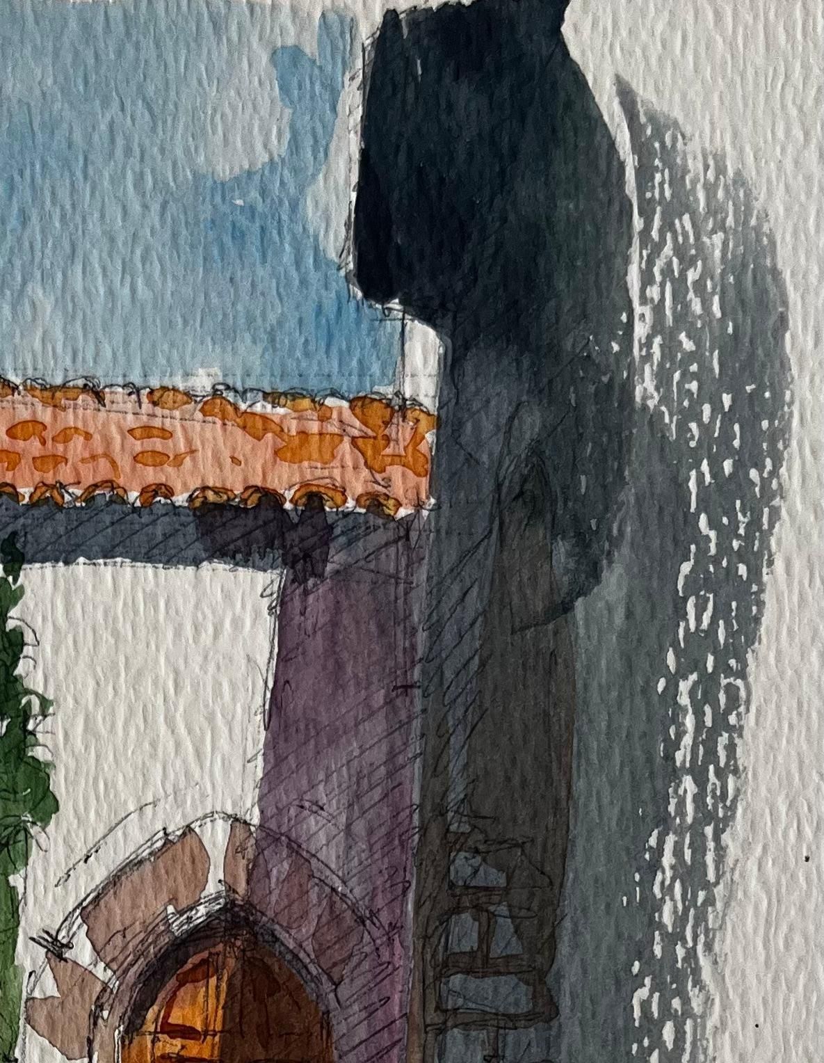 Pierre Neveufrench Village Archway Sunlit Courtyard Wooden Door And Stone Walls Watercolor photo vinterior