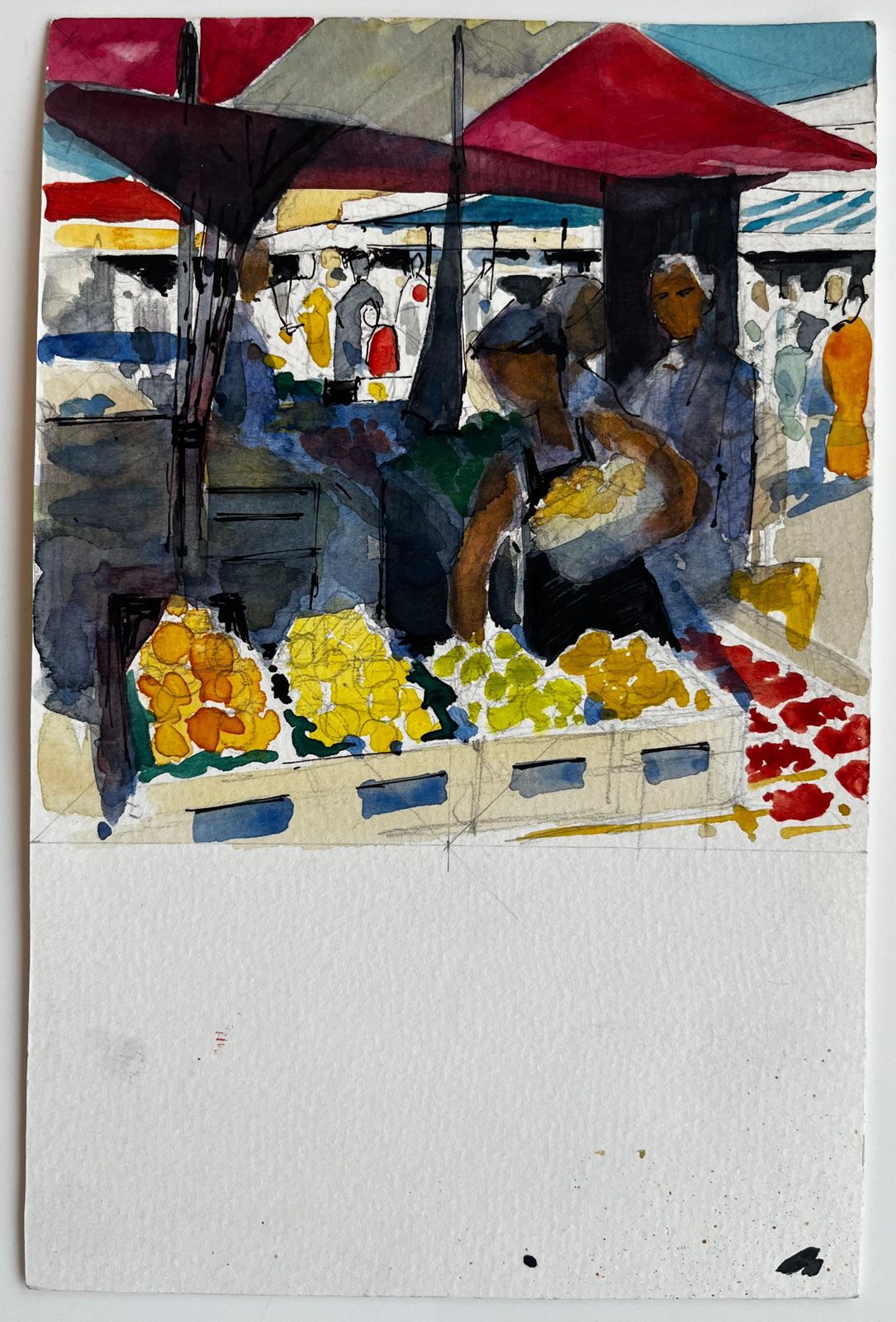 Pierre Neveufrench Market Scene Fruit Stalls Figures And Colourful Awnings Watercolor photo furniture