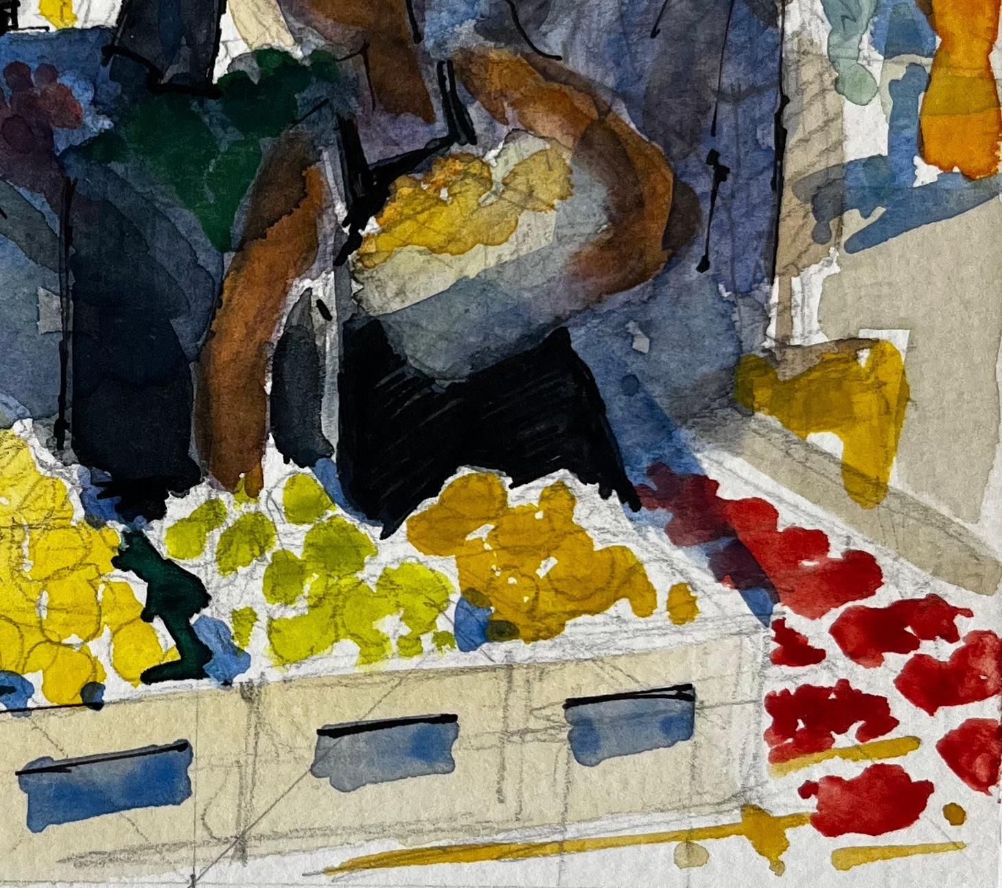 Pierre Neveufrench Market Scene Fruit Stalls Figures And Colourful Awnings Watercolor photo Art