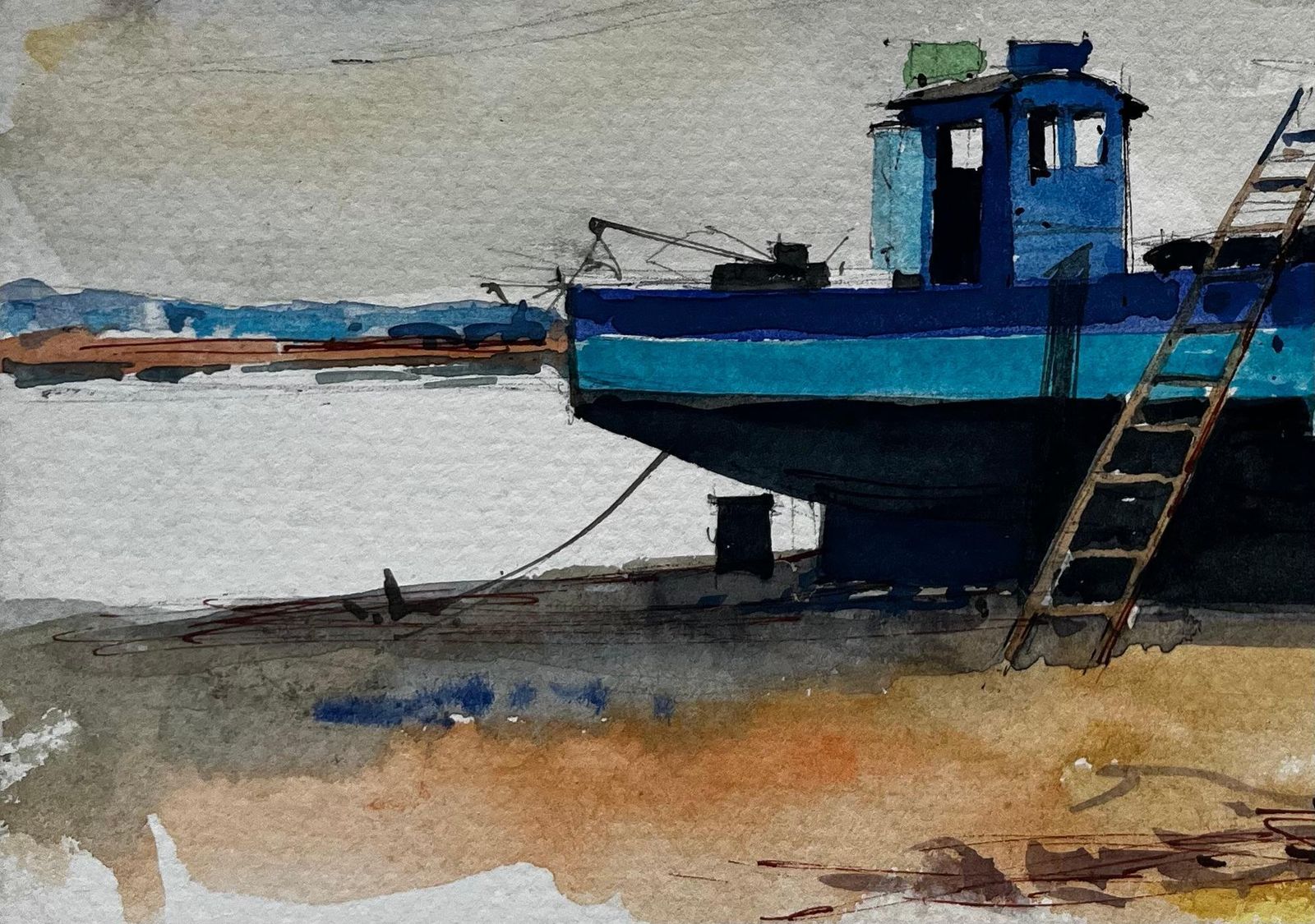 Pierre Neveublue Fishing Boat Low Tide Harbour Scene Coastal Watercolor photo Art