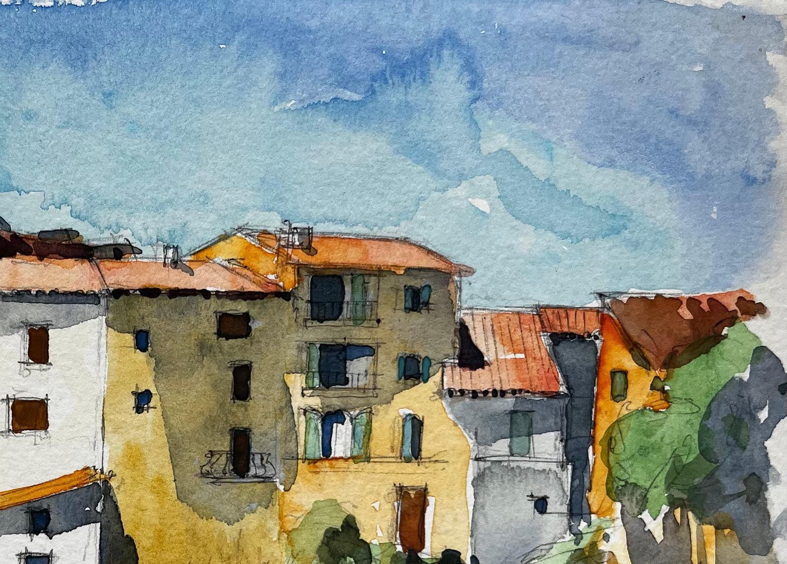 Pierre Neveumediterranean Hilltop Village Houses Trees And Summer Sky Watercolor photo Art