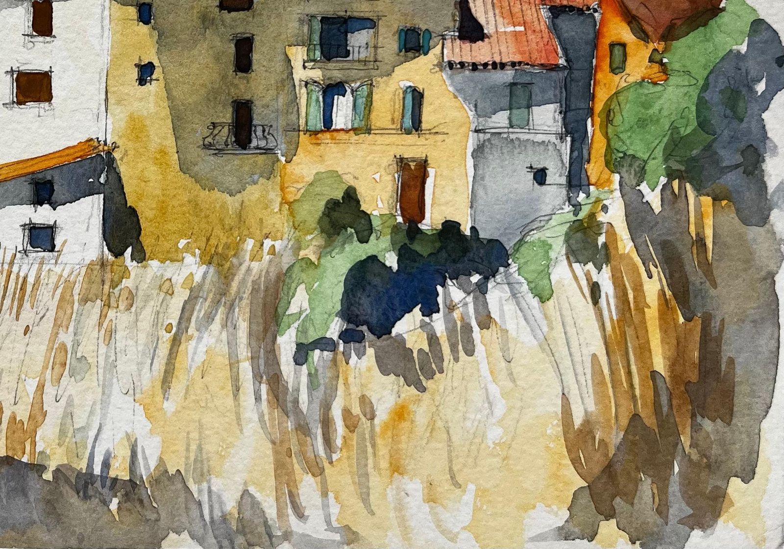 Pierre Neveumediterranean Hilltop Village Houses Trees And Summer Sky Watercolor photo 483.0