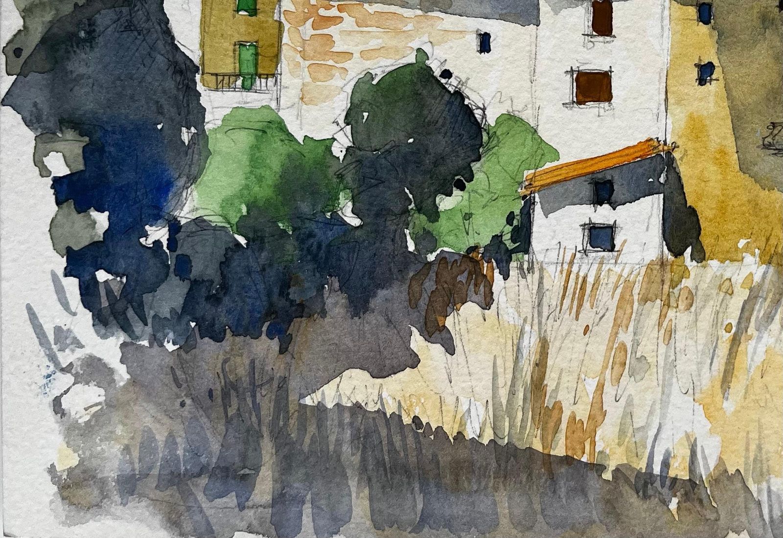 Pierre Neveumediterranean Hilltop Village Houses Trees And Summer Sky Watercolor photo vinterior