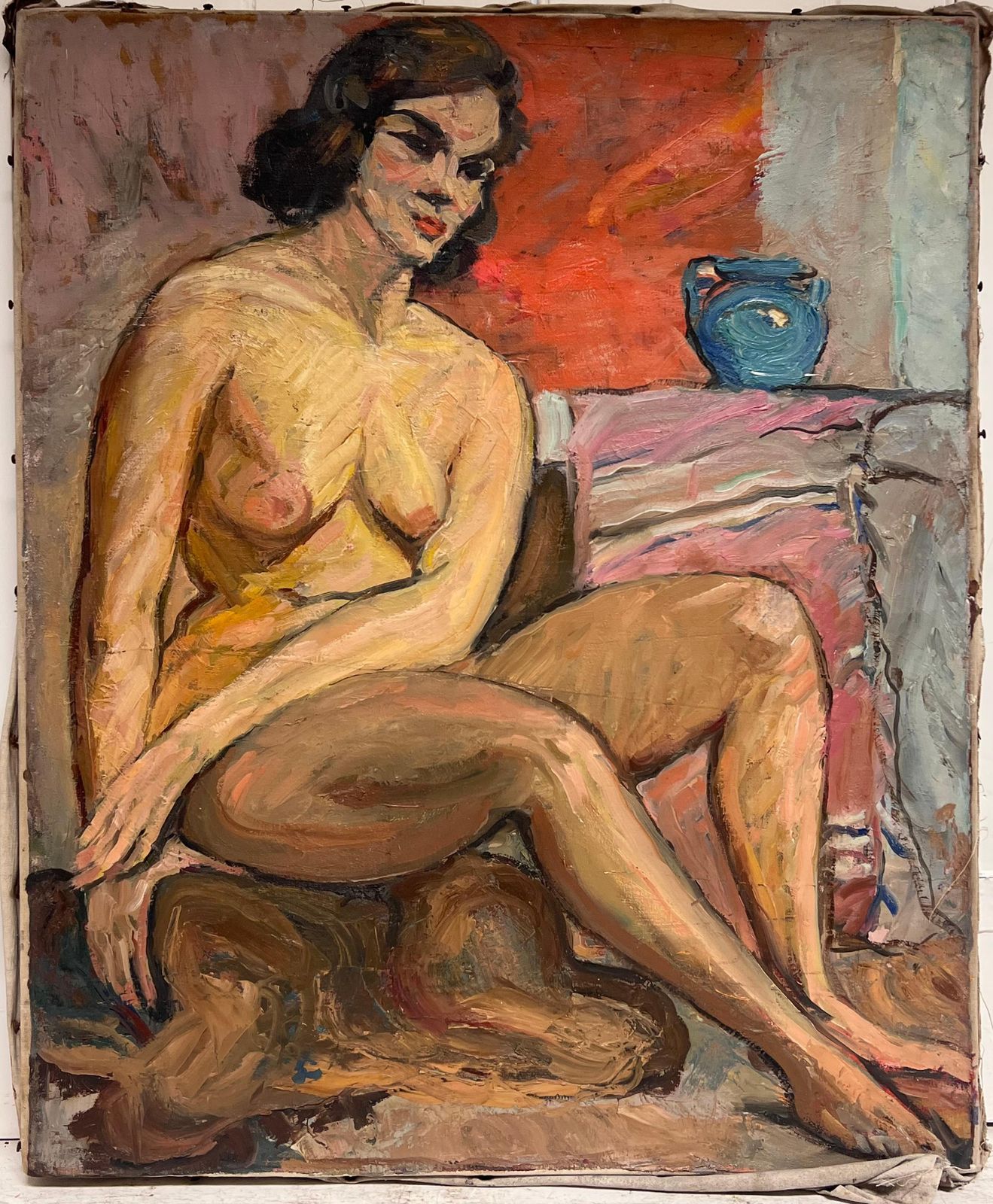 Suzanne Dinkessuperb French Mid Century Oil Painting Nude Woman Artists Model In Interior Room1950's photo furniture