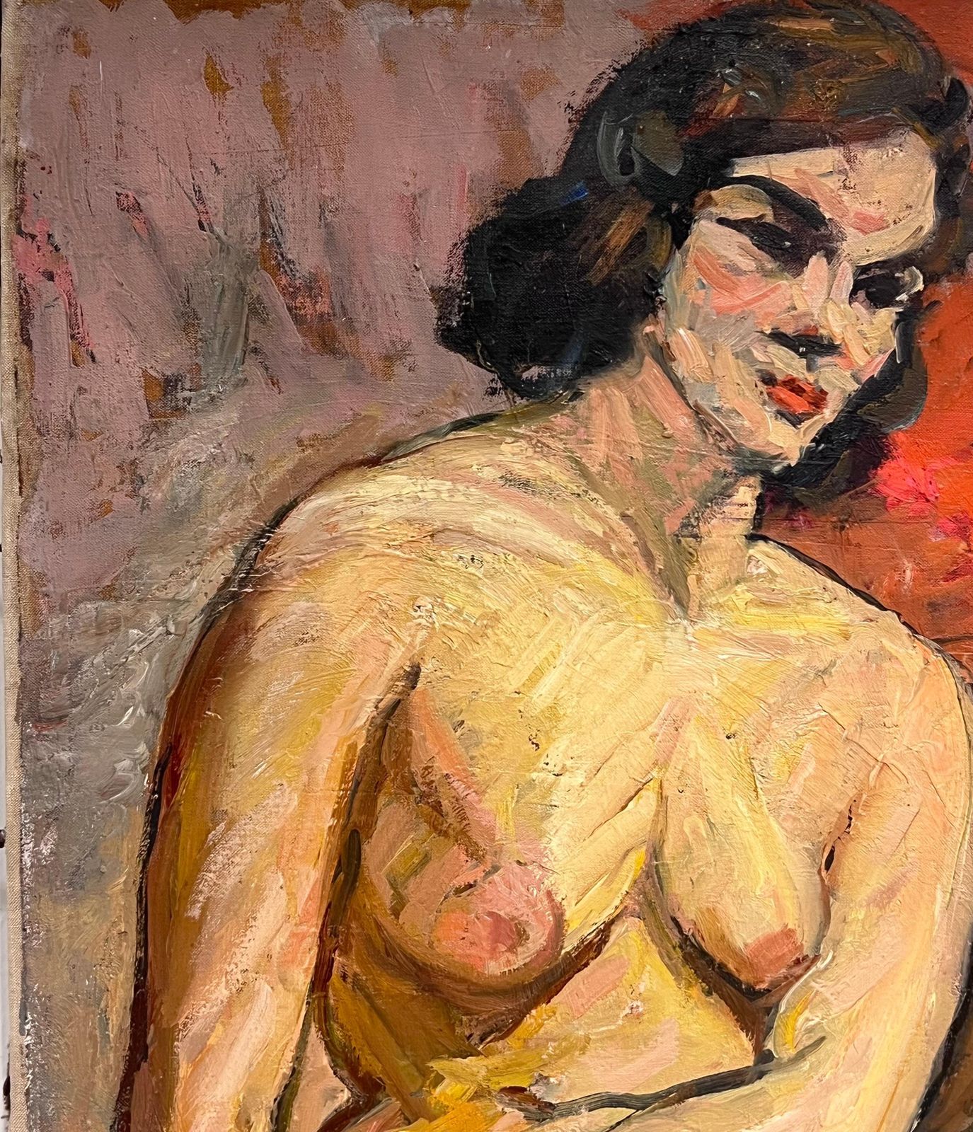 Suzanne Dinkessuperb French Mid Century Oil Painting Nude Woman Artists Model In Interior Room1950's photo Art