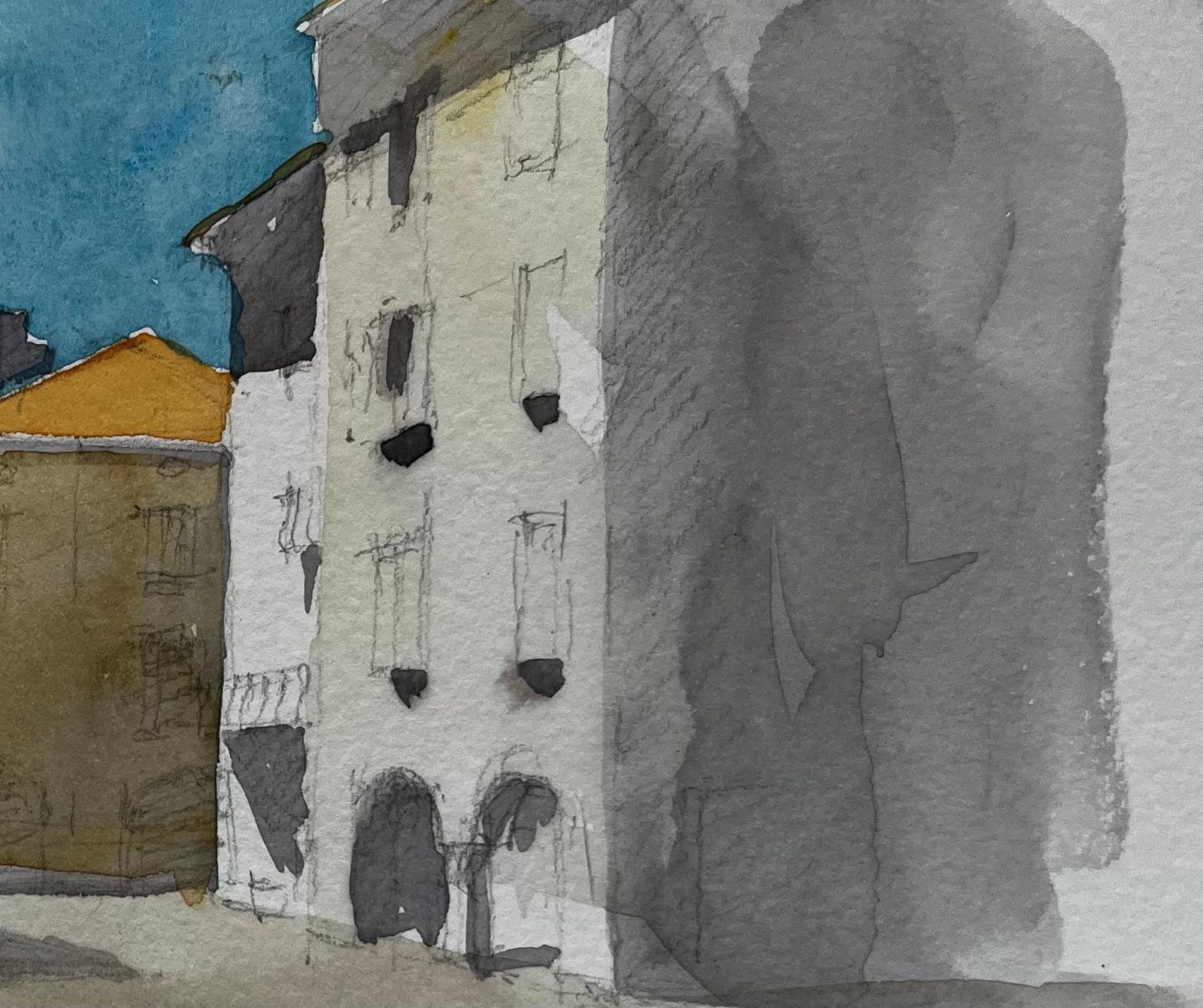 Pierre Neveufrench Town Square Sunlit Buildings Café Figures And Market Shade Watercolor photo 347.0