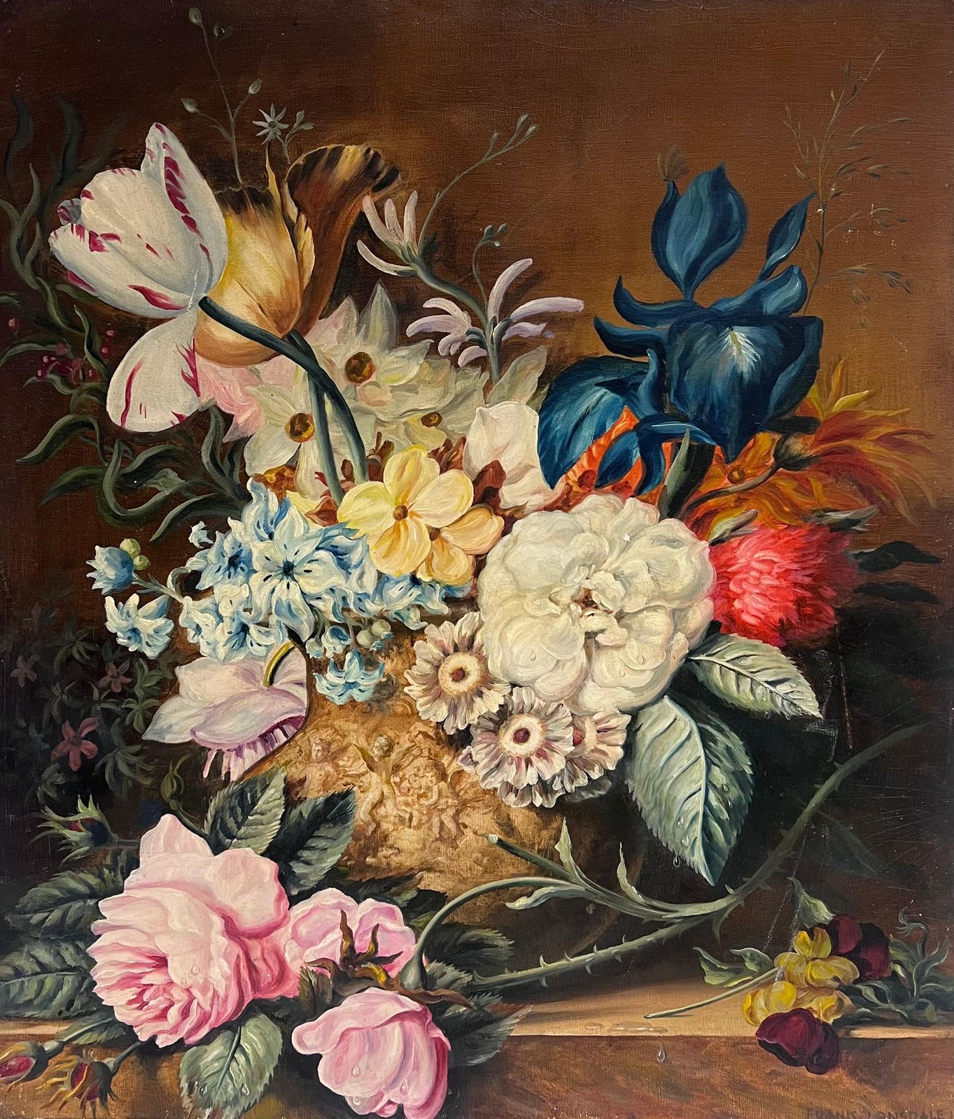 Frank Lonsdalefine Classical Still Life Of Ornate Flowers On Marble Plinth Signed English Oil1936