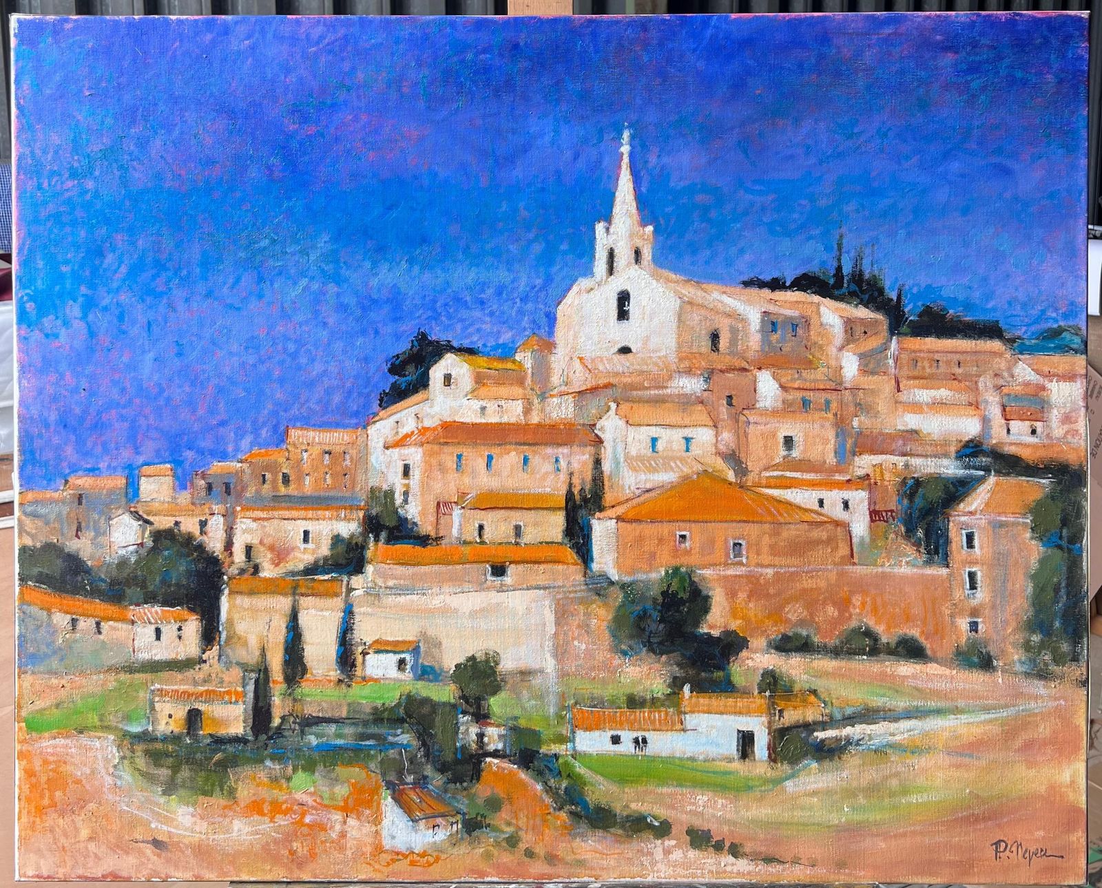 Pierre Neveuhuge French Contemporary Oil Painting Bonnieux Luberon Provence Village photo furniture