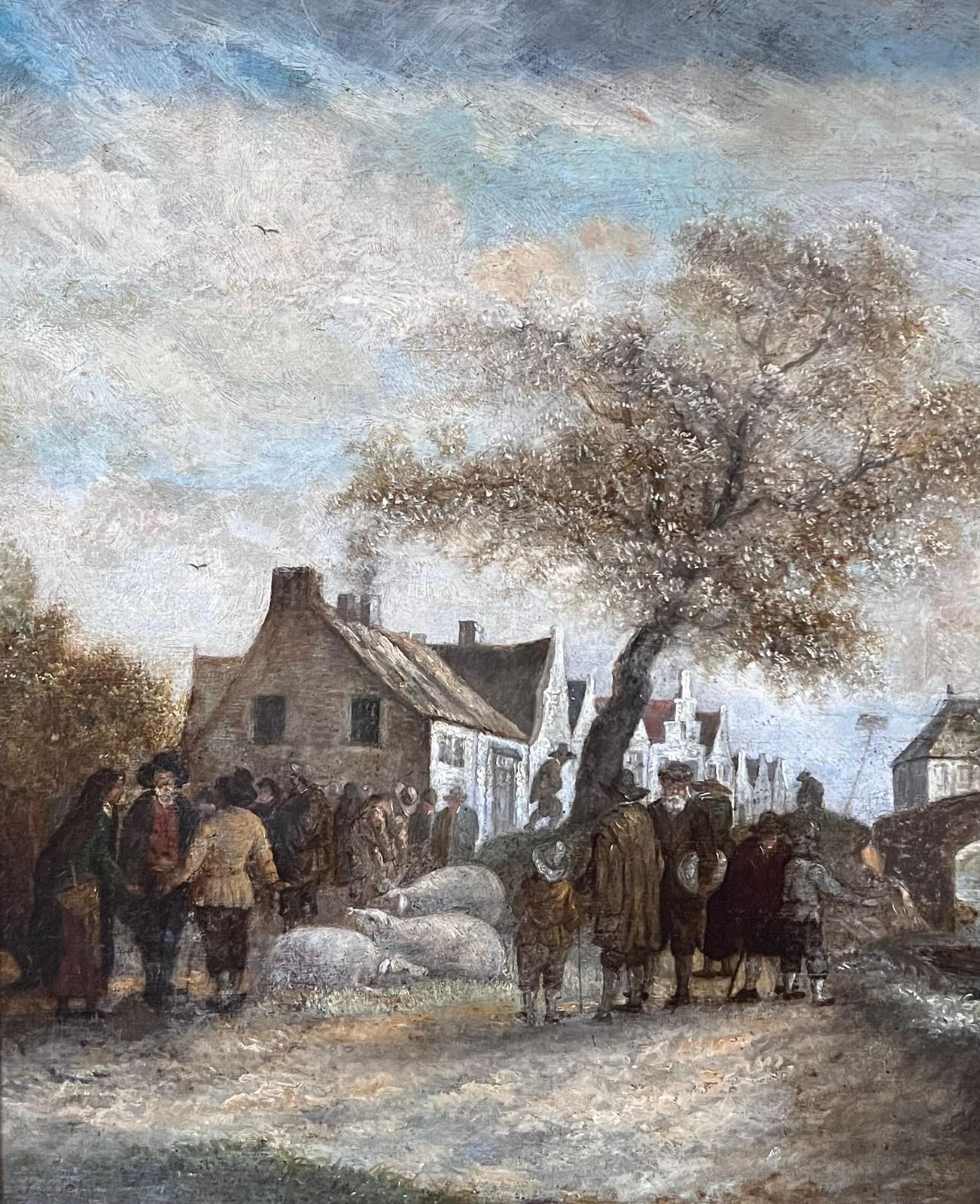Dutch 1800'sfine Quality Early 1800's Dutch Oil Painting Farmers Market Gathering Figures photo furniture