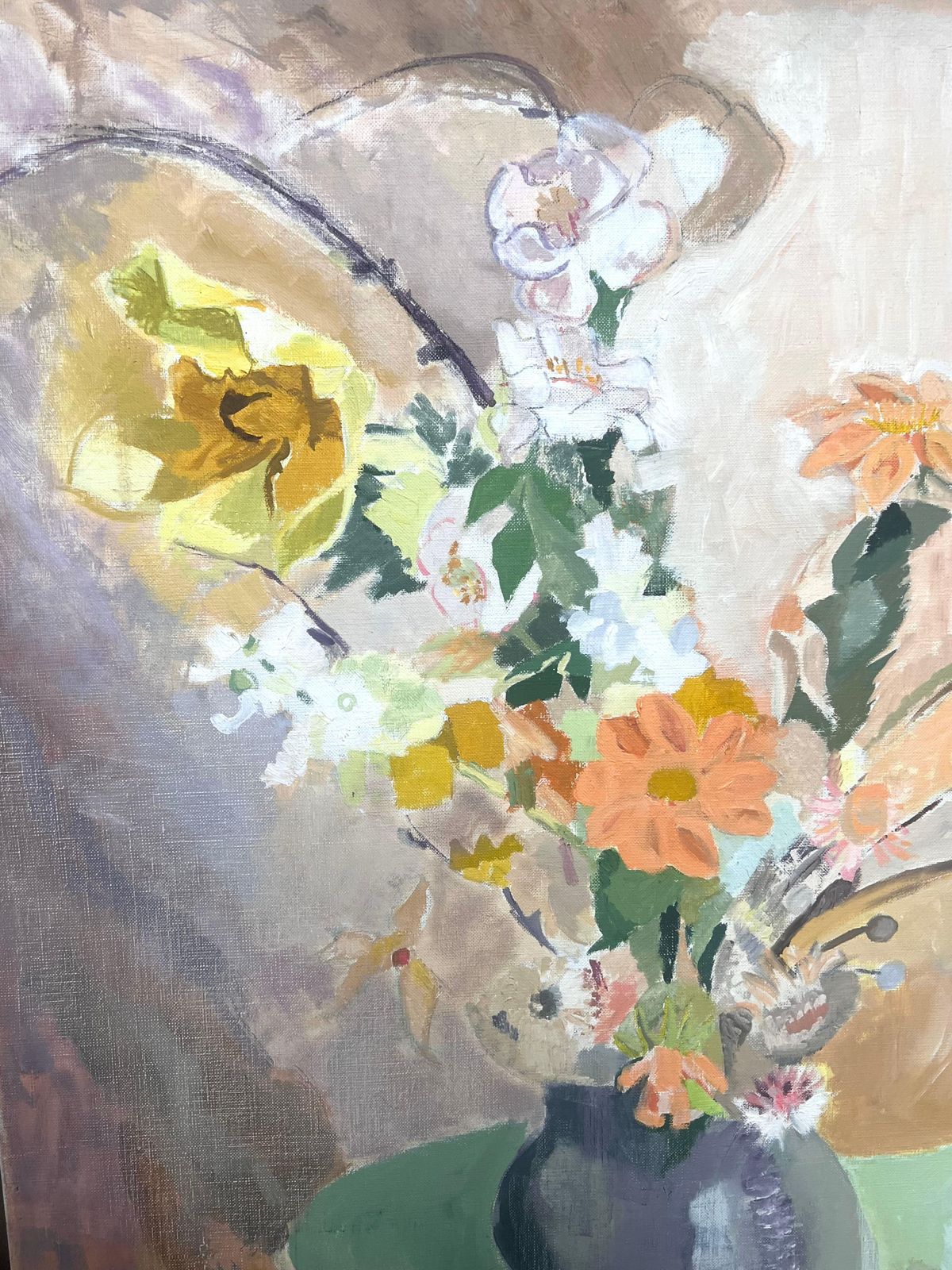 Laure Noetzin Azam (French 1929 2024)large 20th Century French Modernist Oil Painting Vase Of Flowers In Interior photo vintage