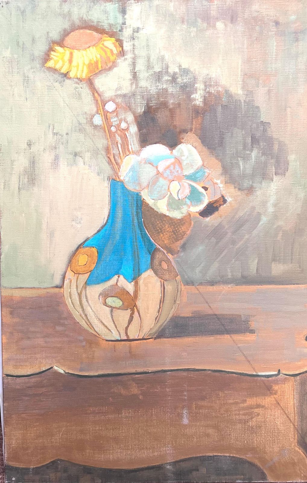 Laure Noetzin Azam (French 1929 2024)fine 20th Century French Modernist Oil Painting Yellow Flower In Blue Vase photo 748.0