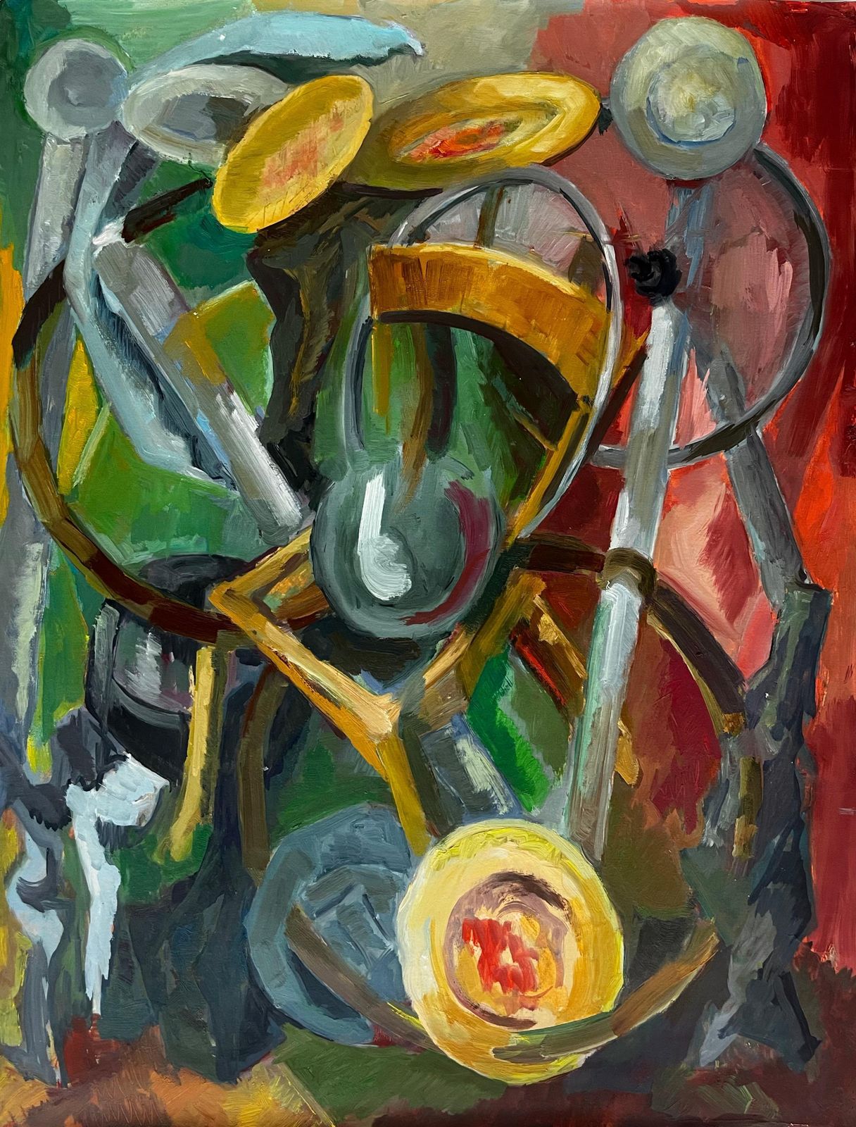 Guy Nicod Abstract Still Life With Plates Bowls And Chair French Modernist Gouache