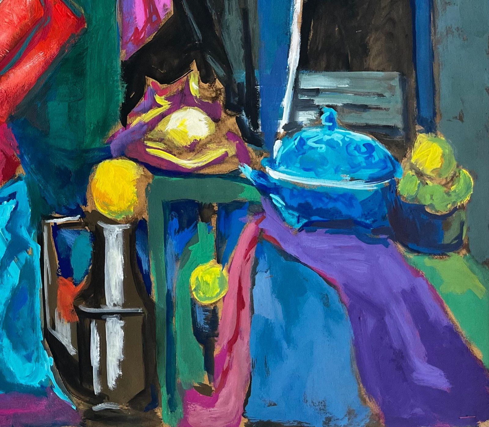 Guy Nicod Colourful Interior Still Life With Vases Bowls And Hanging Bag Modernist Gouache photo for sale