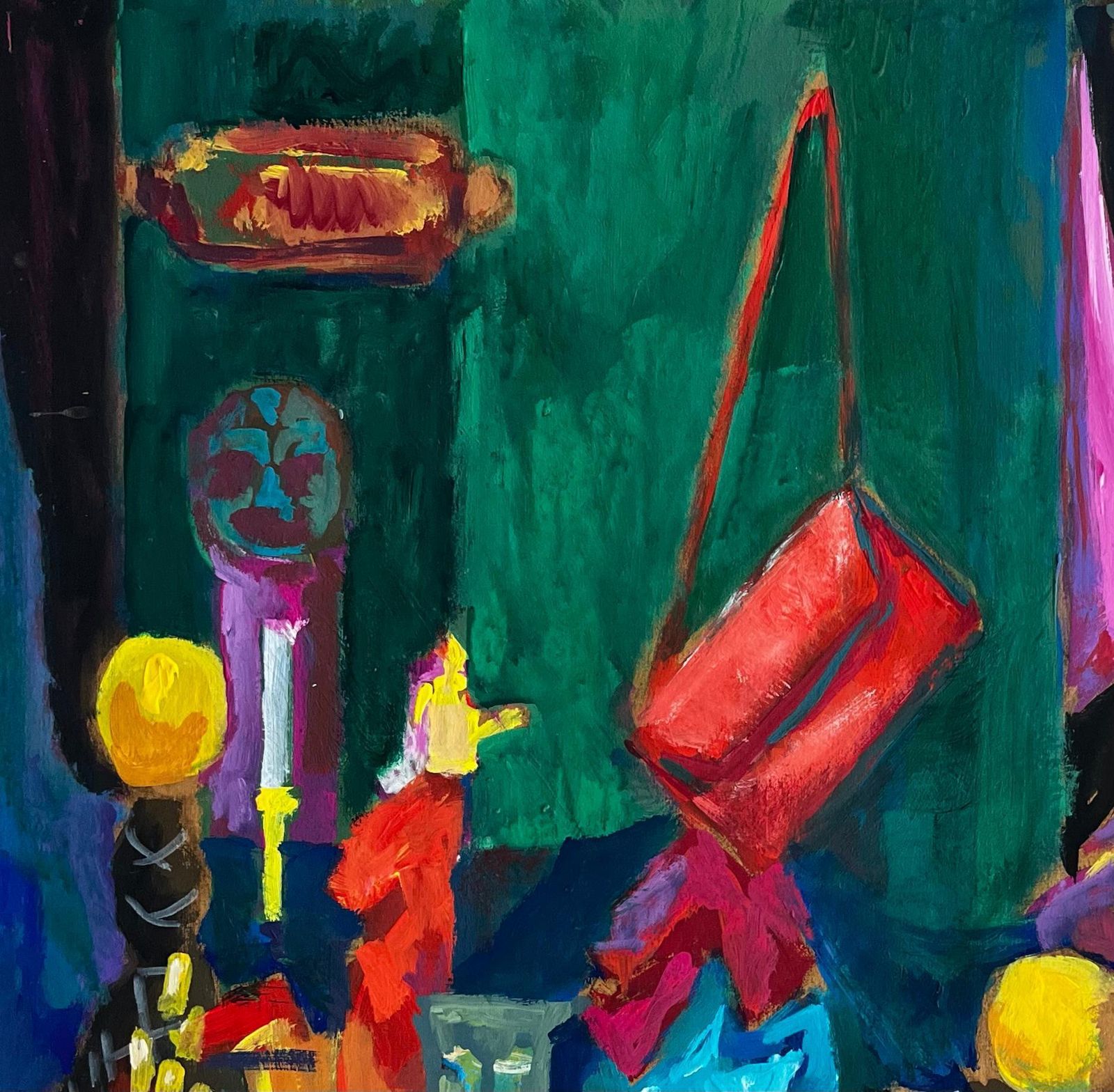 Guy Nicod Colourful Interior Still Life With Vases Bowls And Hanging Bag Modernist Gouache photo vinterior