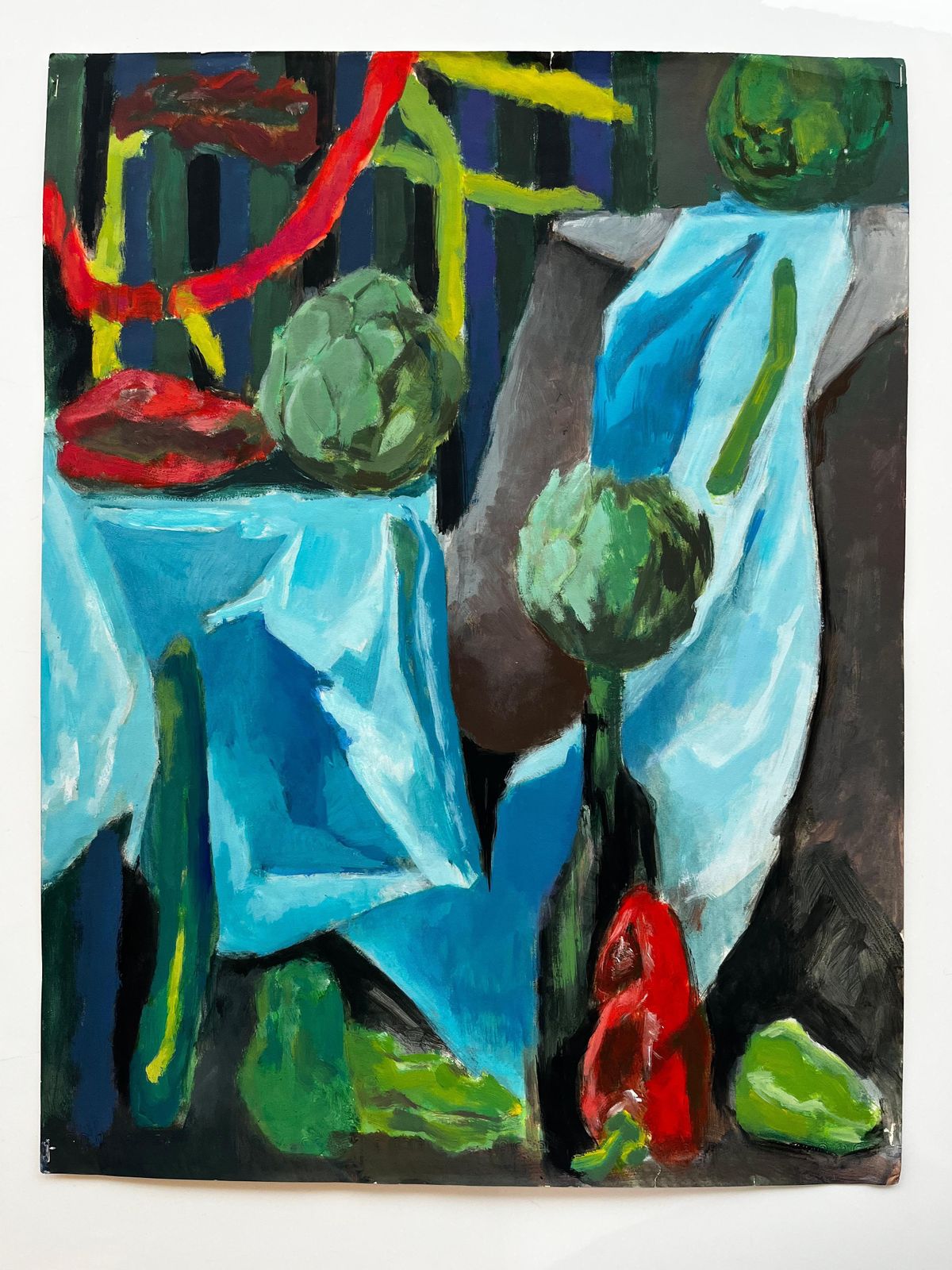 Guy Nicod Artichokes Blue Drapery And Still Life Vegetables Gouache Painting photo furniture