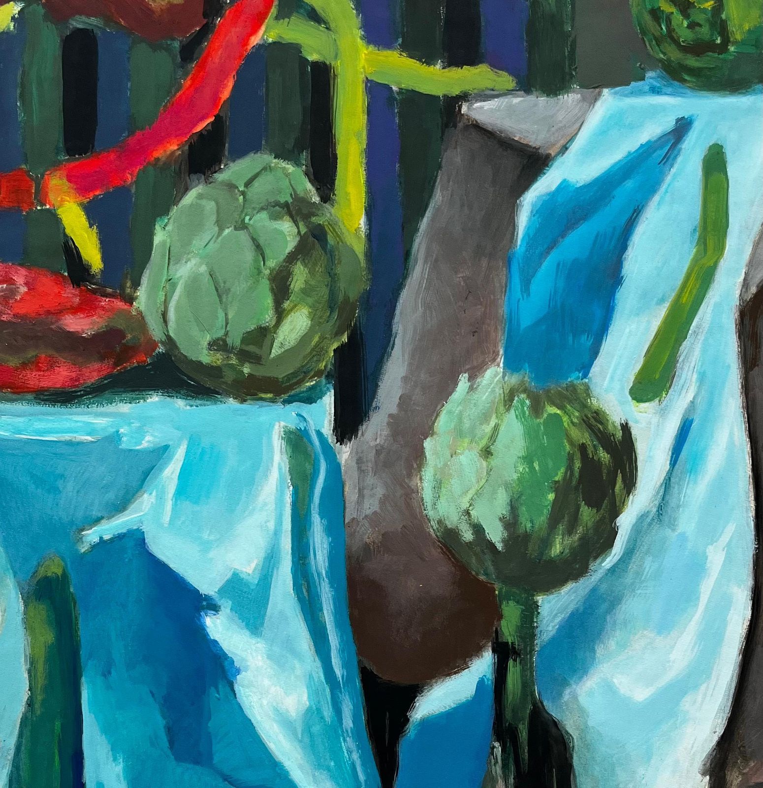 Guy Nicod Artichokes Blue Drapery And Still Life Vegetables Gouache Painting photo vinterior