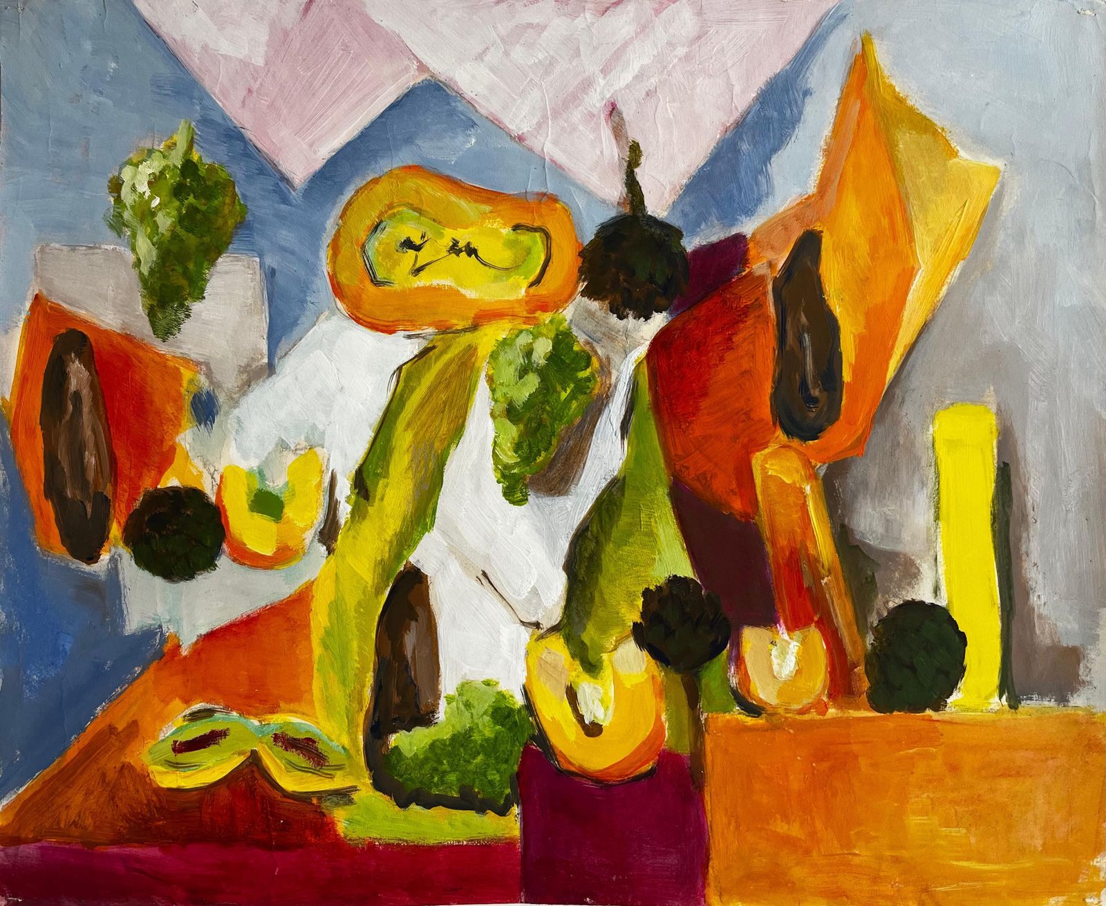 Guy Nicod Abstract Vegetable Still Life With Squash Broccoli And Courgettes Gouache