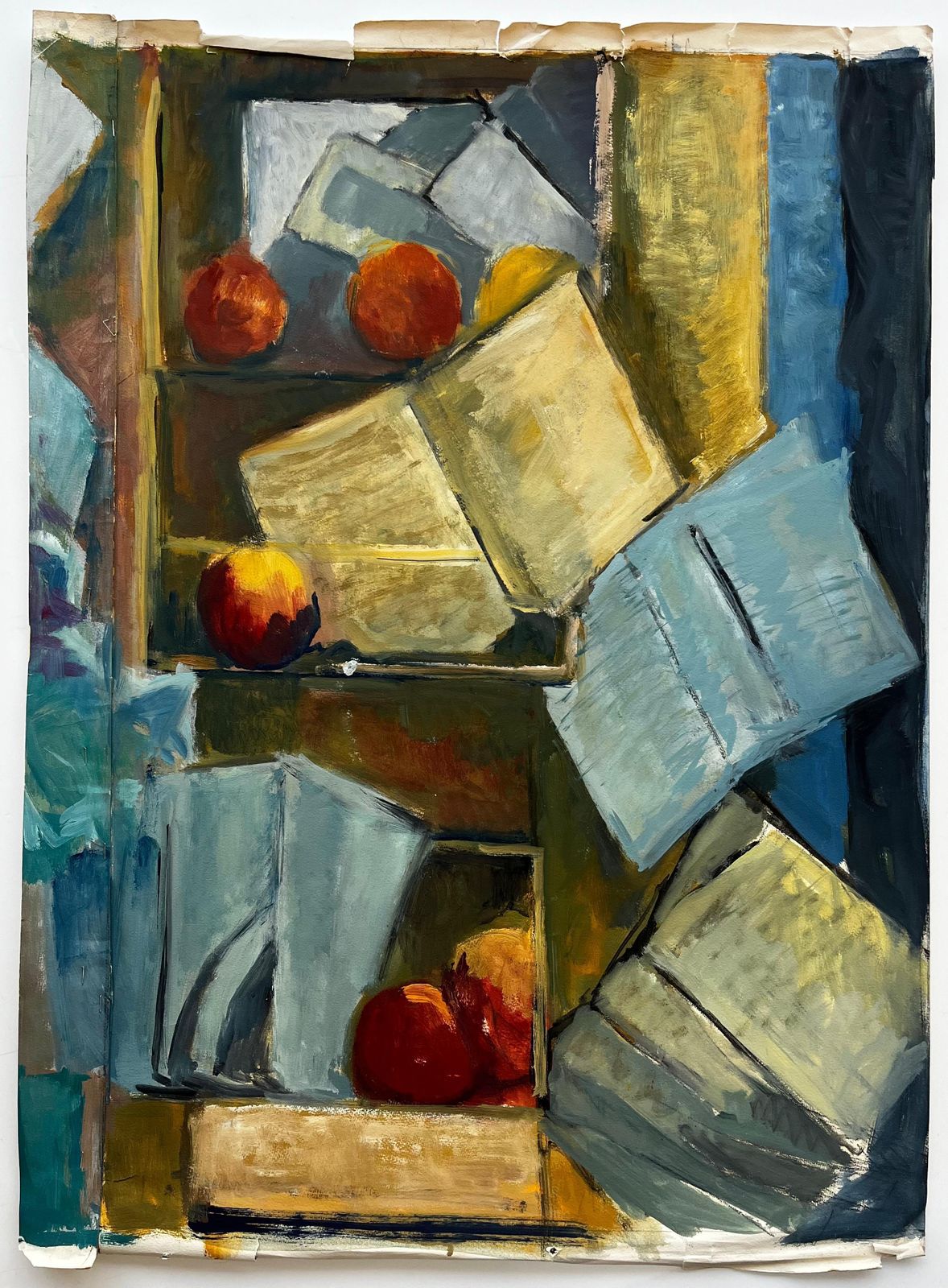 Guy Nicod Abstract Still Life With Books Papers And Apples French Modernist Gouache photo furniture