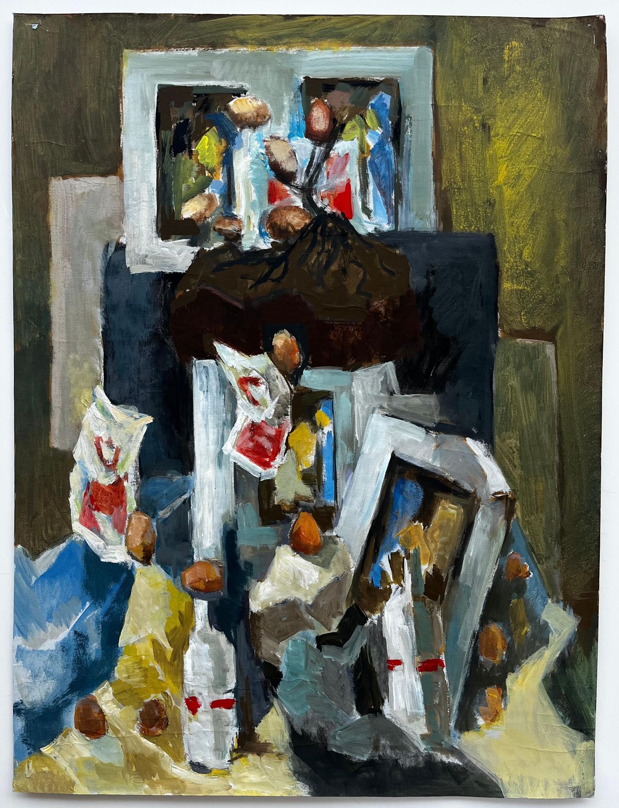 Guy Nicod Abstract Still Life With Bottles Nuts And Frames French Modernist Gouache photo furniture