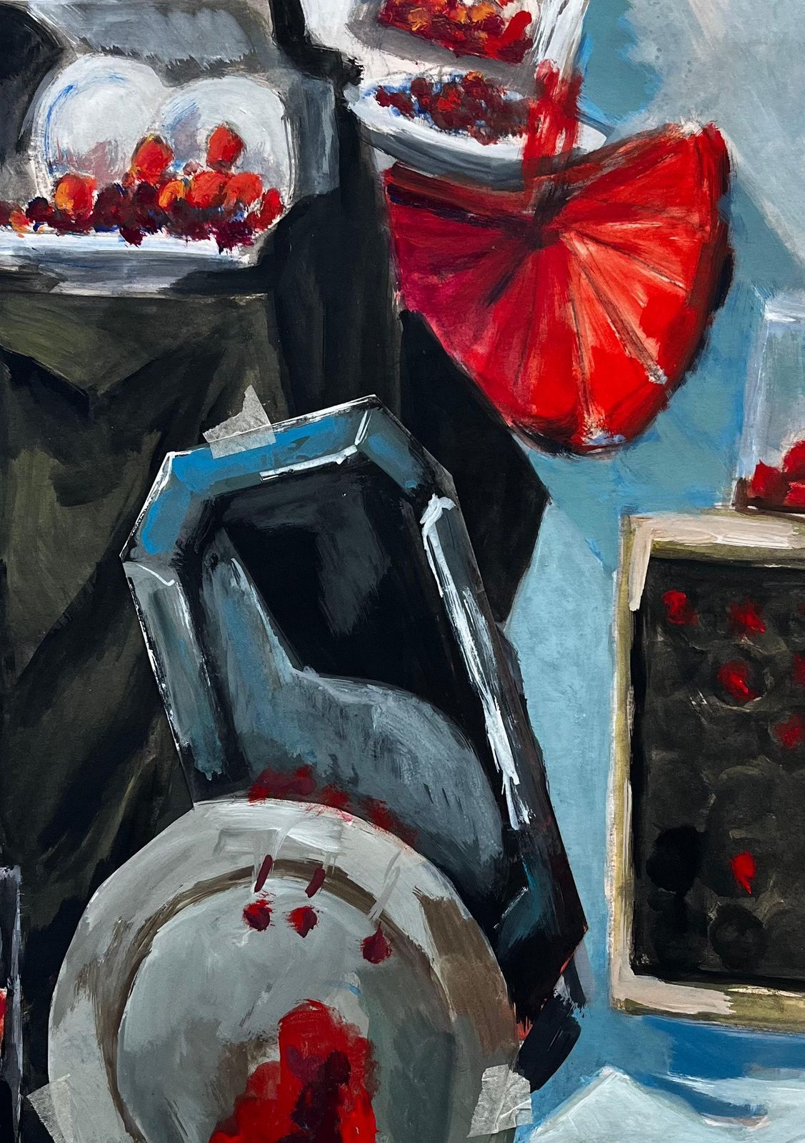 Guy Nicod Abstract Still Life With Cherries Silver Trays And Berry Containers Gouache photo buy