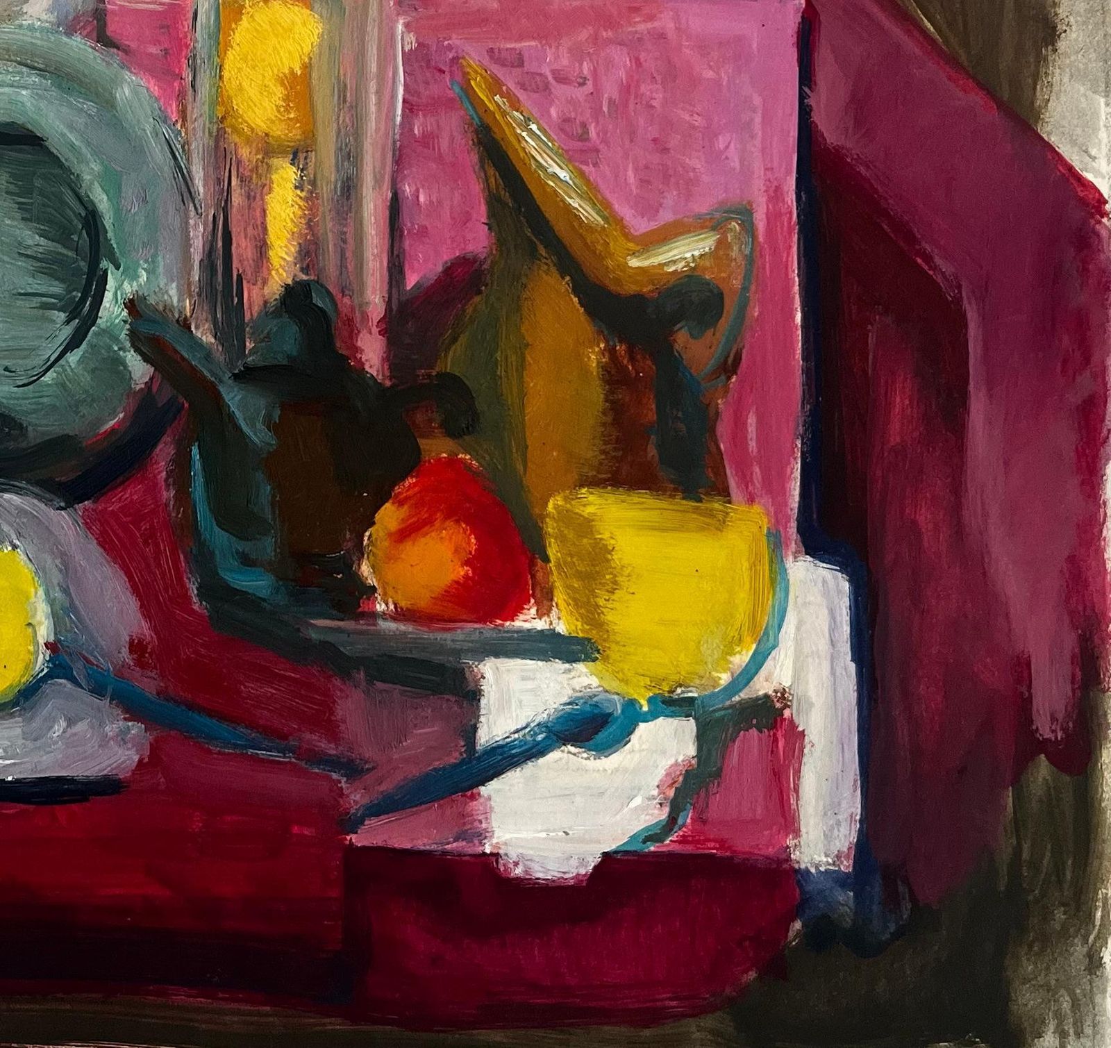 Guy Nicod Abstract Still Life With Flowers Lemons Jug Cup And Cloche Modernist Gouache photo vinterior