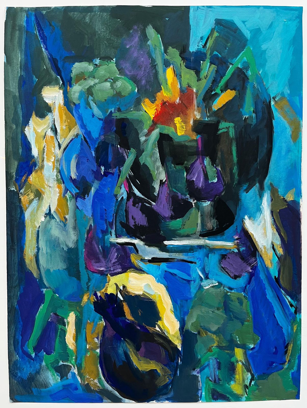 Guy Nicod Abstract Blue Floral Still Life With Vases And Purple Tulips Modernist Gouache photo furniture