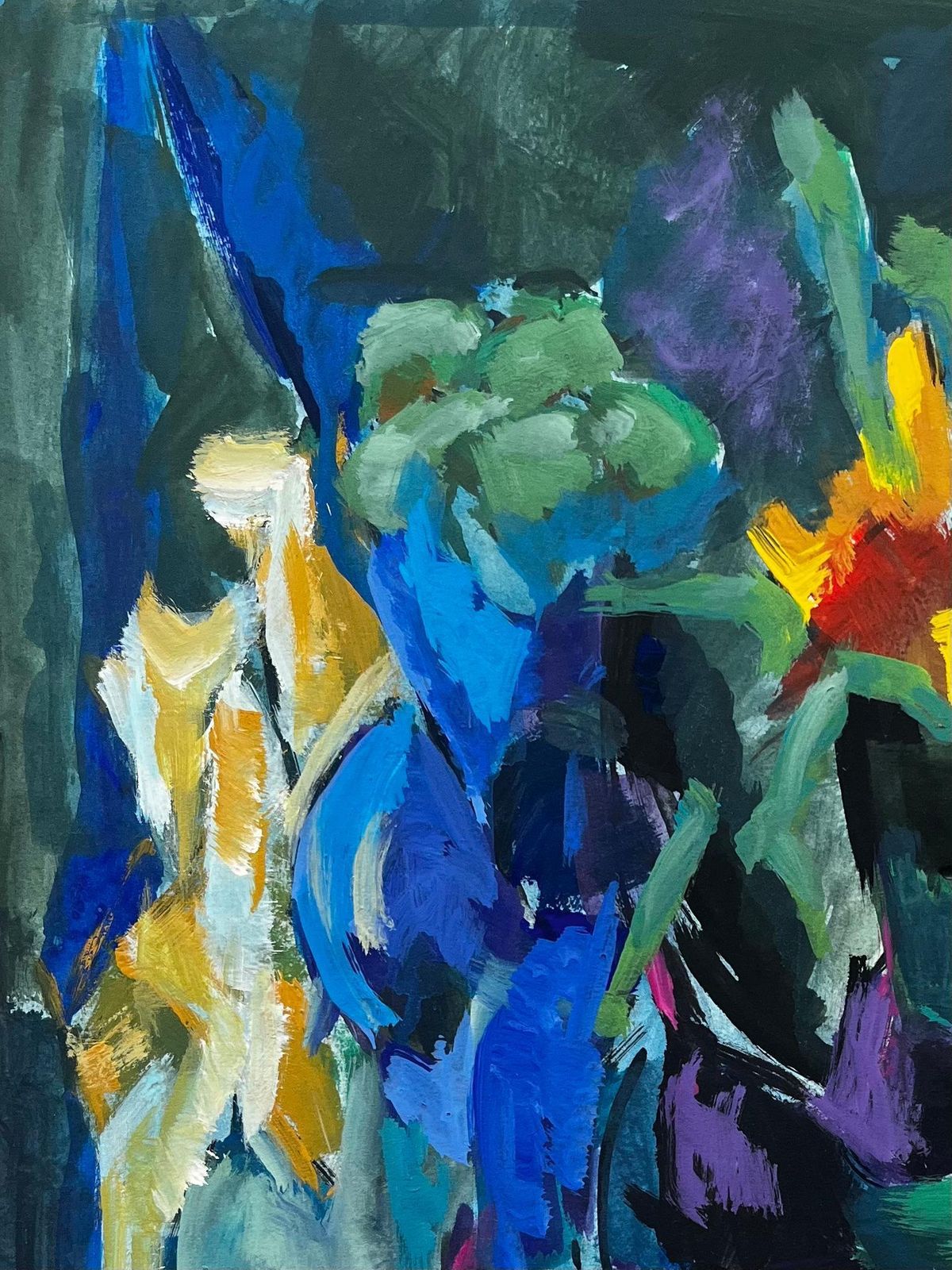 Guy Nicod Abstract Blue Floral Still Life With Vases And Purple Tulips Modernist Gouache photo for sale