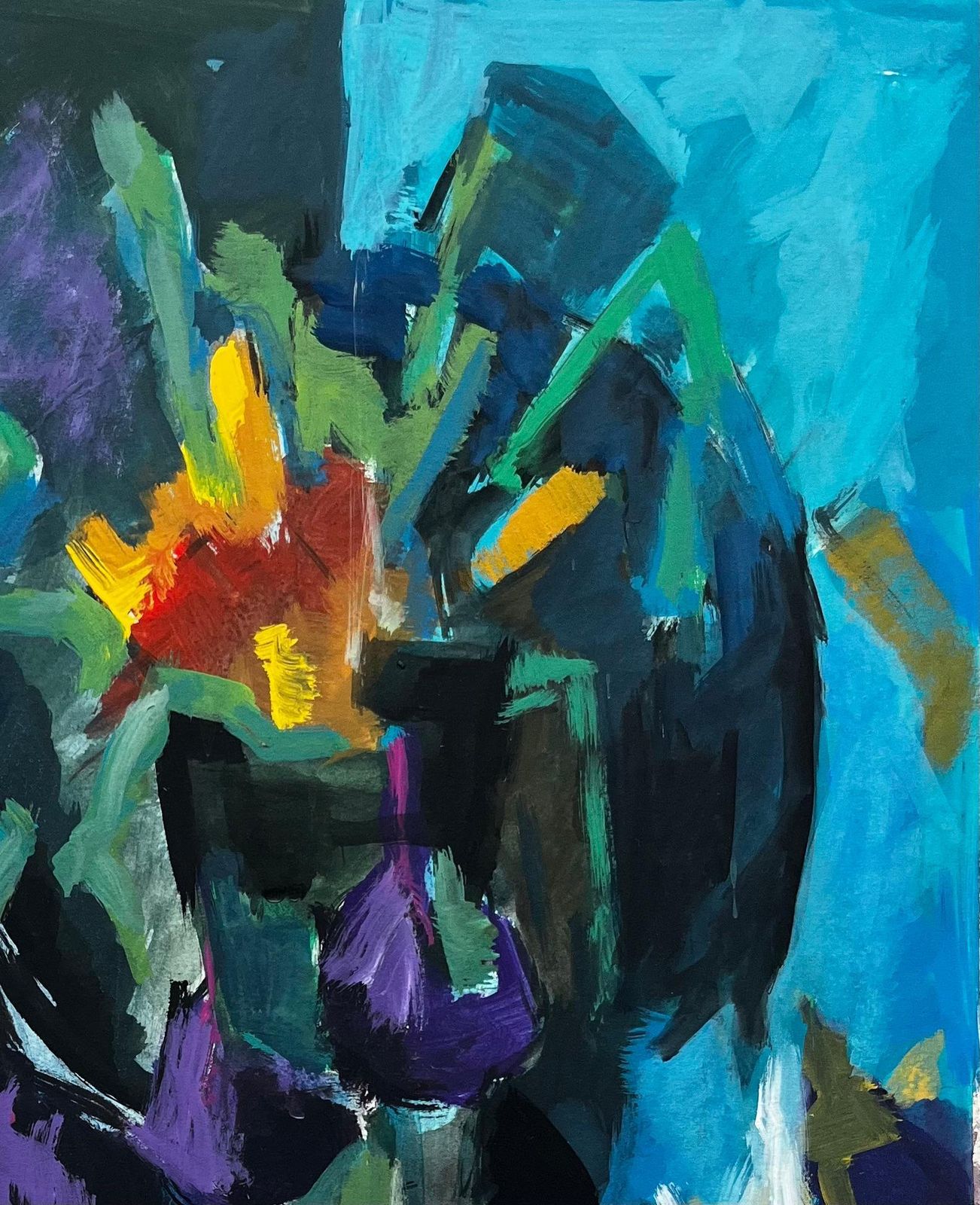Guy Nicod Abstract Blue Floral Still Life With Vases And Purple Tulips Modernist Gouache photo Art