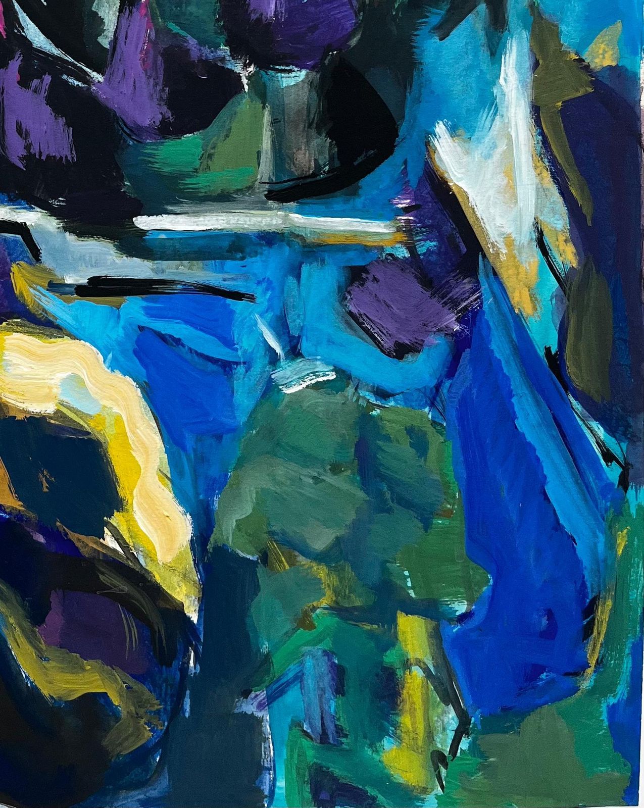 Guy Nicod Abstract Blue Floral Still Life With Vases And Purple Tulips Modernist Gouache photo 616.0