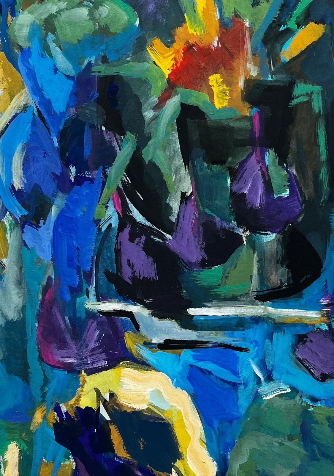Guy Nicod Abstract Blue Floral Still Life With Vases And Purple Tulips Modernist Gouache photo buy