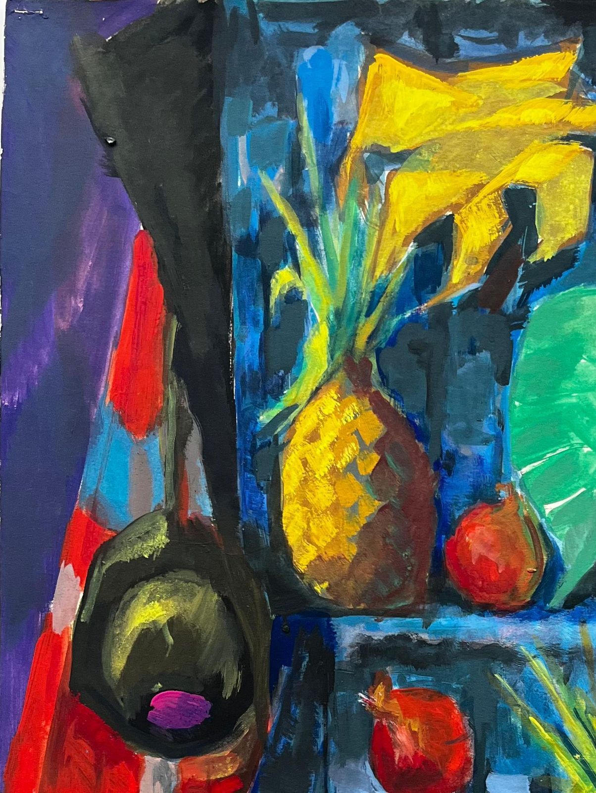 Guy Nicod Abstract Still Life With Pineapples Pomegranates And Drapery Modernist Gouache photo for sale