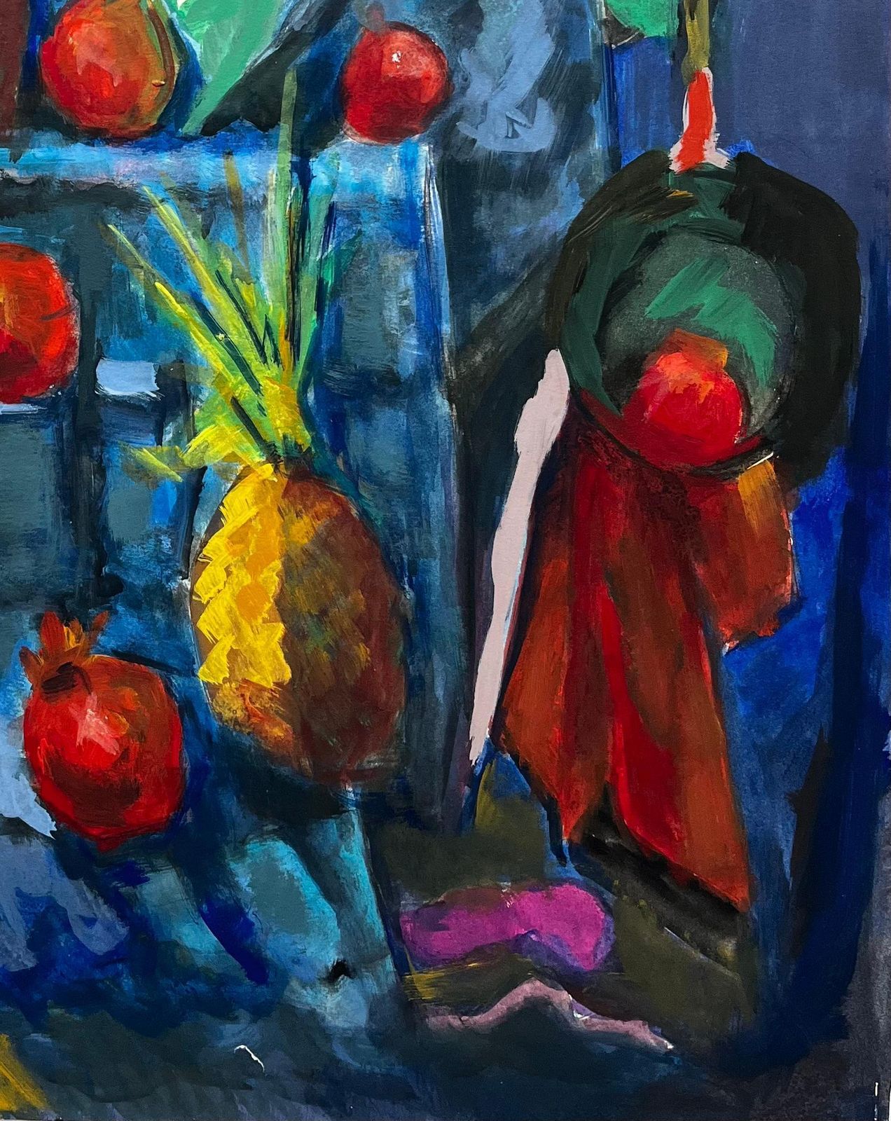 Guy Nicod Abstract Still Life With Pineapples Pomegranates And Drapery Modernist Gouache photo 621.0