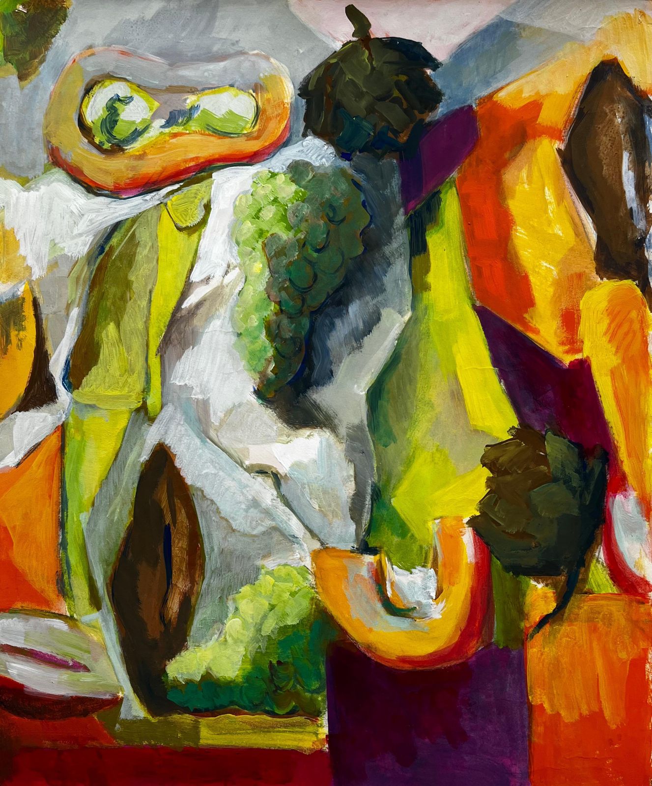 Guy Nicod Abstract Still Life With Fruit Grapes Pears And Melon French Modernist Gouache