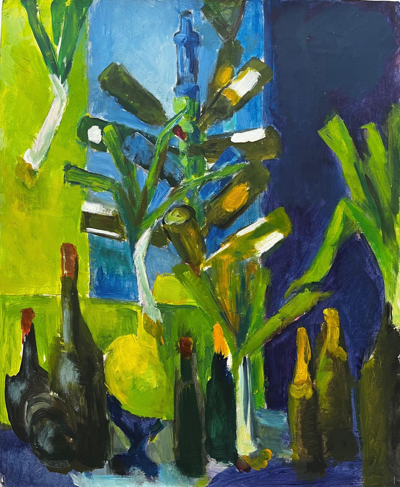 Guy Nicod Still Life With Green Bottles Leeks And Blue Interior Modernist Gouache